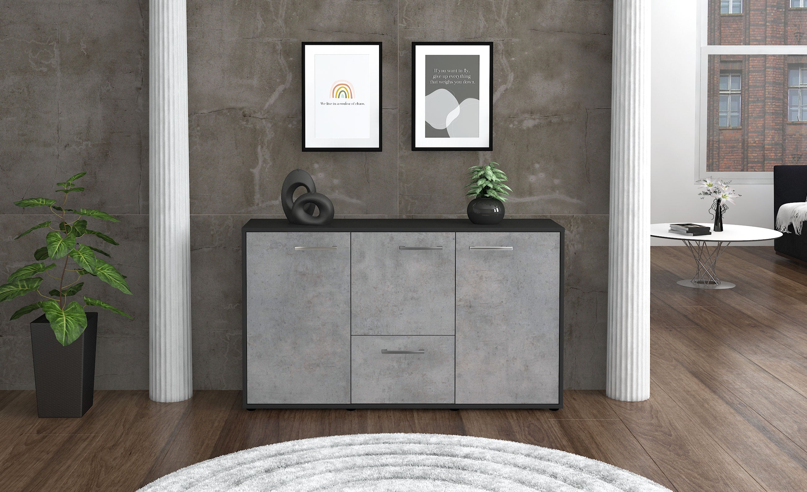 Sideboard - Diana - Design Industrie Stil - Freistehend mit Griffe 136 cm Anthrazit