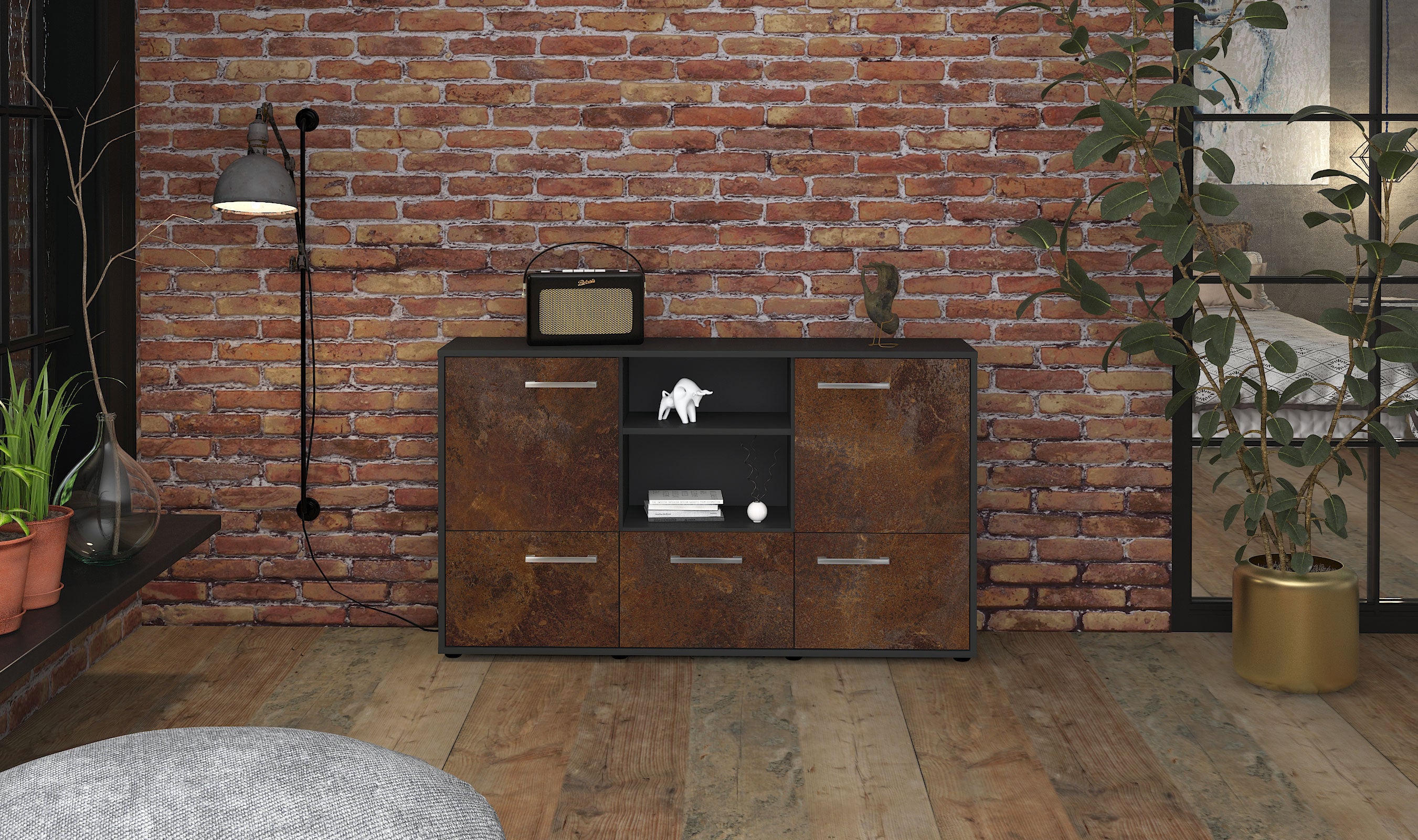 Sideboard - Diellza - Design Industrie Stil - Freistehend mit Griffe 136 cm Anthrazit