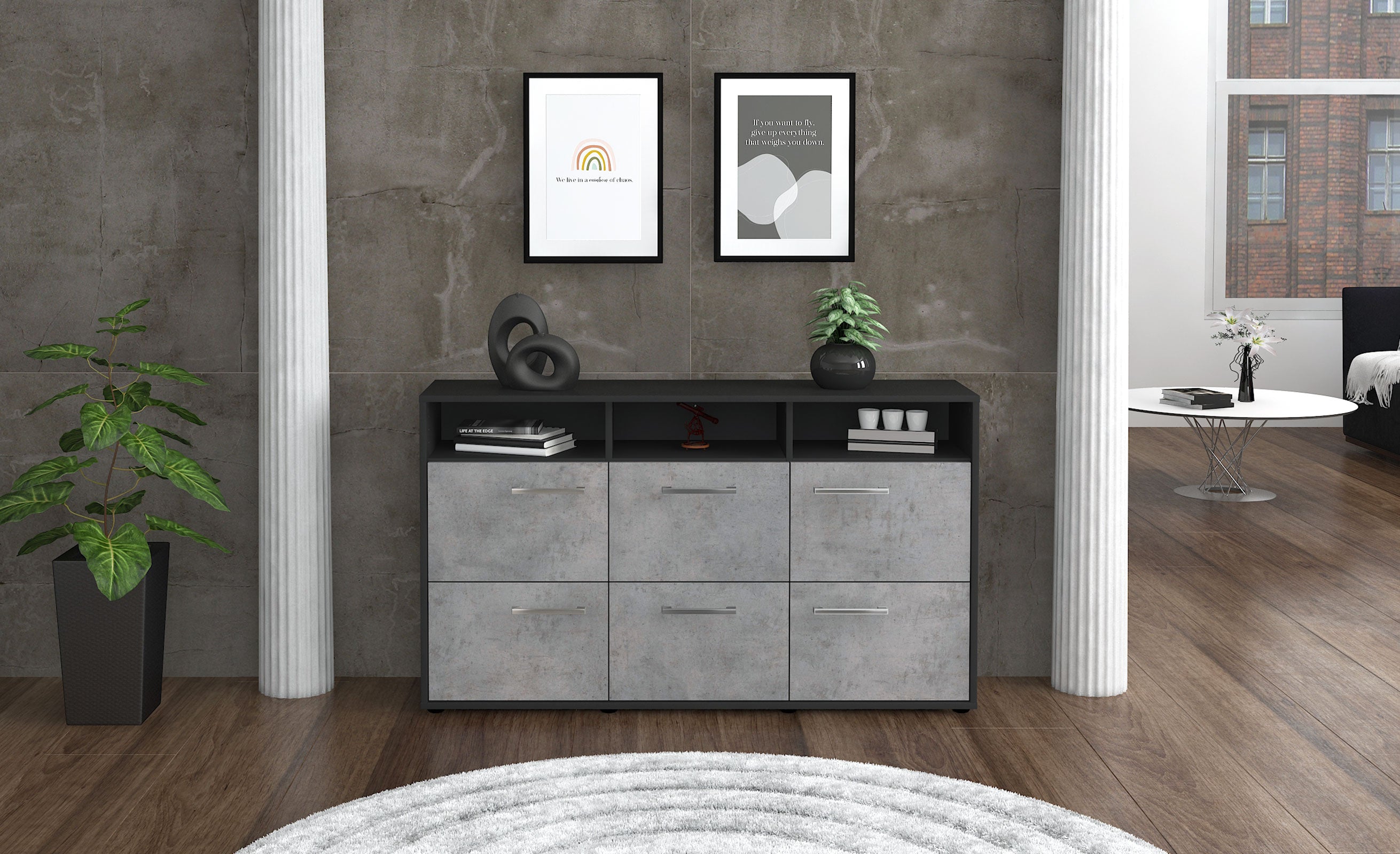 Sideboard - Dilara - Design Industrie Stil - Freistehend mit Griffe 136 cm Anthrazit