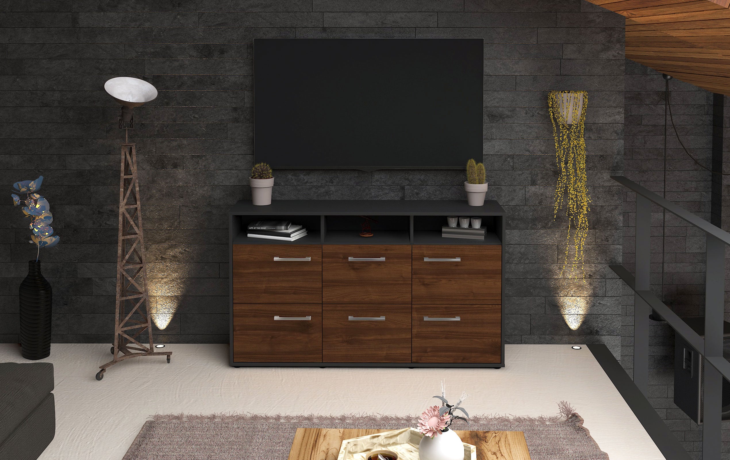 Sideboard - Dilara - Design Holzdekor - Freistehend mit Griffe 136 cm Anthrazit