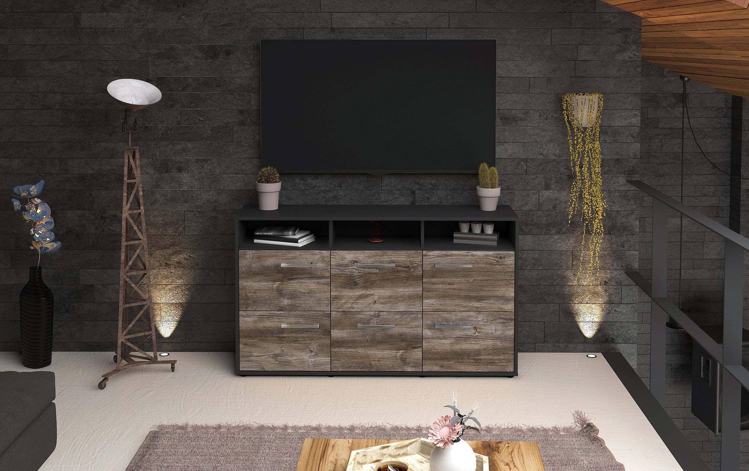 Sideboard - Dilara - Design Holzdekor - Freistehend mit Griffe 136 cm Anthrazit