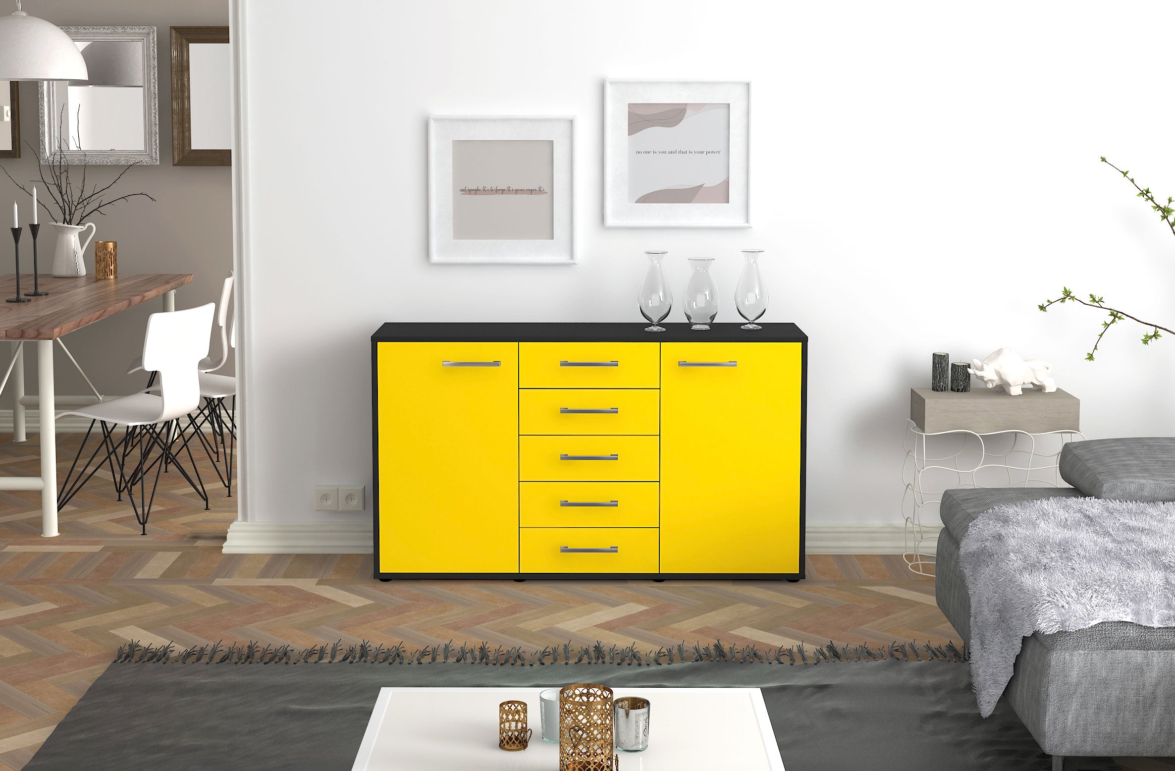 Sideboard - Dorelly - Design Farbakzent - Freistehend mit Griffe 136 cm Anthrazit