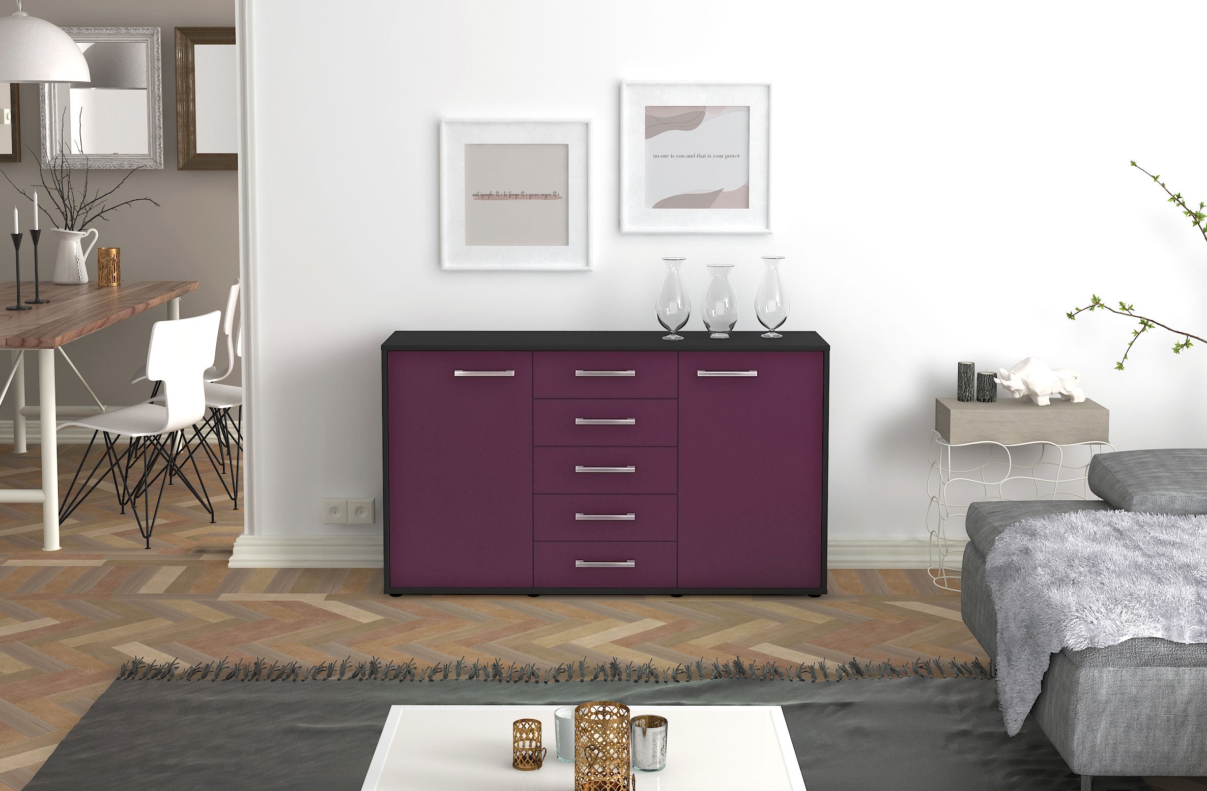 Sideboard - Dorelly - Design Farbakzent - Freistehend mit Griffe 136 cm Anthrazit