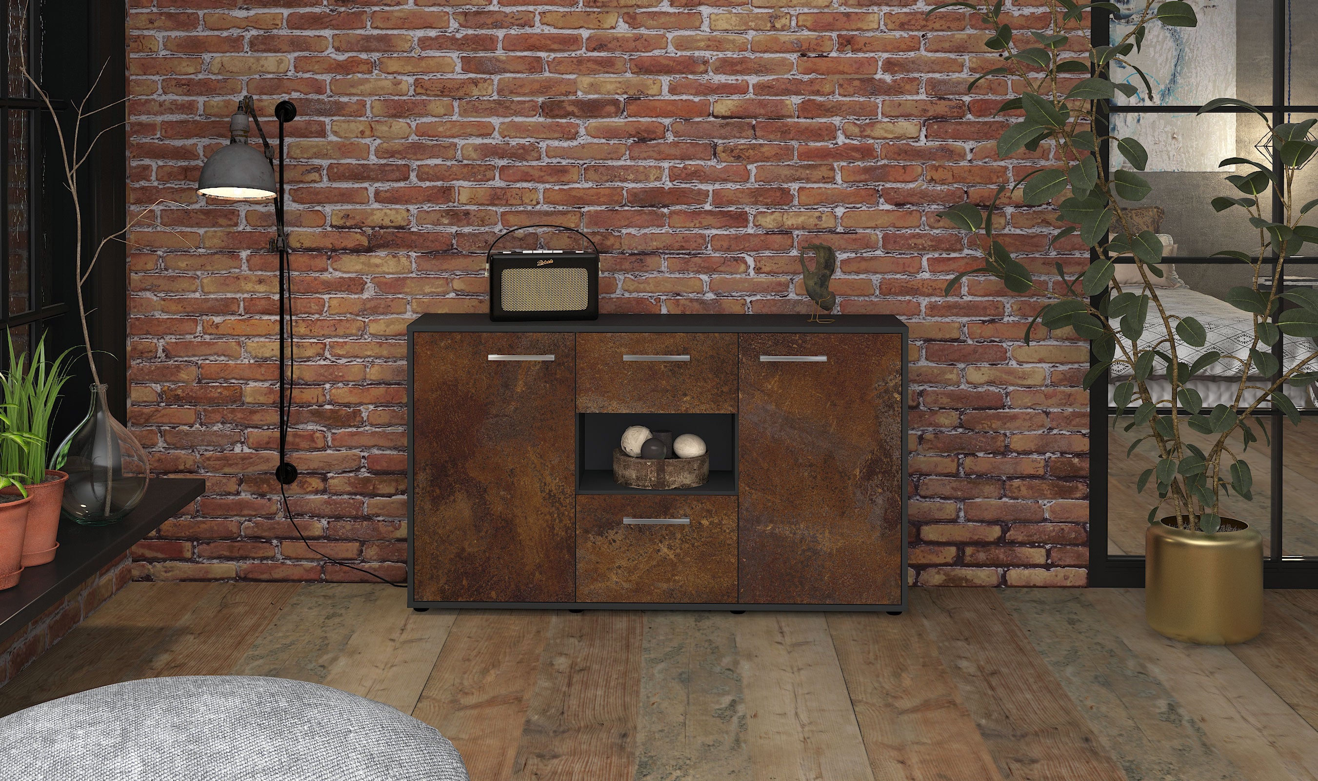Sideboard - Doriana - Design Industrie Stil - Freistehend mit Griffe 136 cm Anthrazit