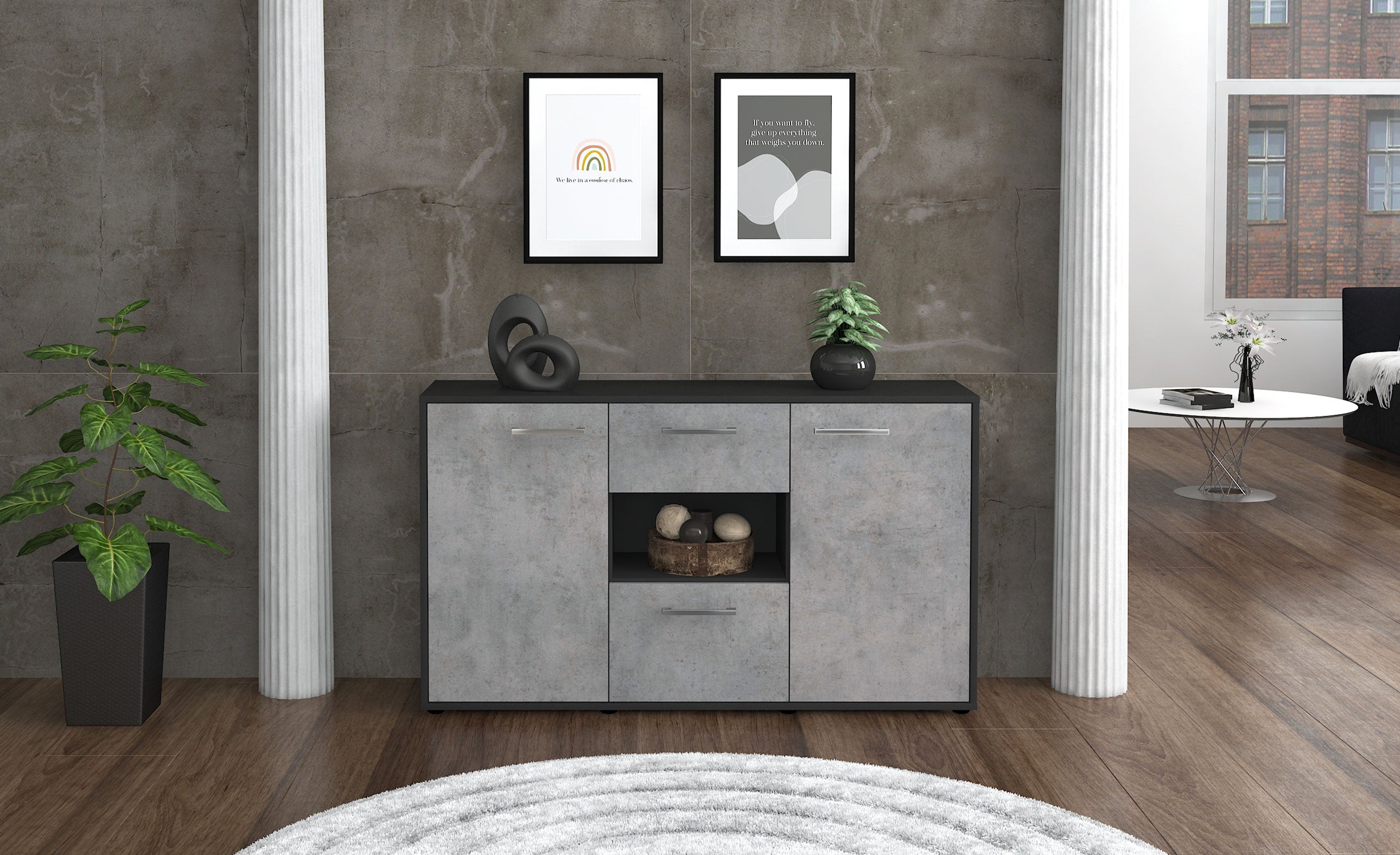 Sideboard - Doriana - Design Industrie Stil - Freistehend mit Griffe 136 cm Anthrazit