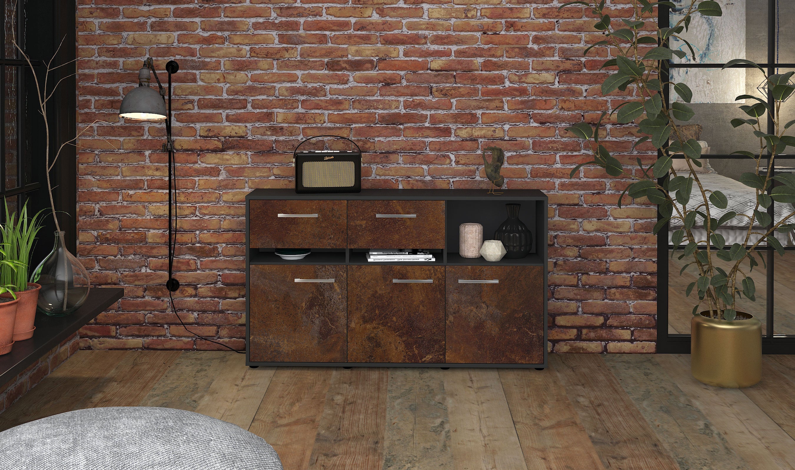 Sideboard - Dorotea - Design Industrie Stil - Freistehend mit Griffe 136 cm Anthrazit