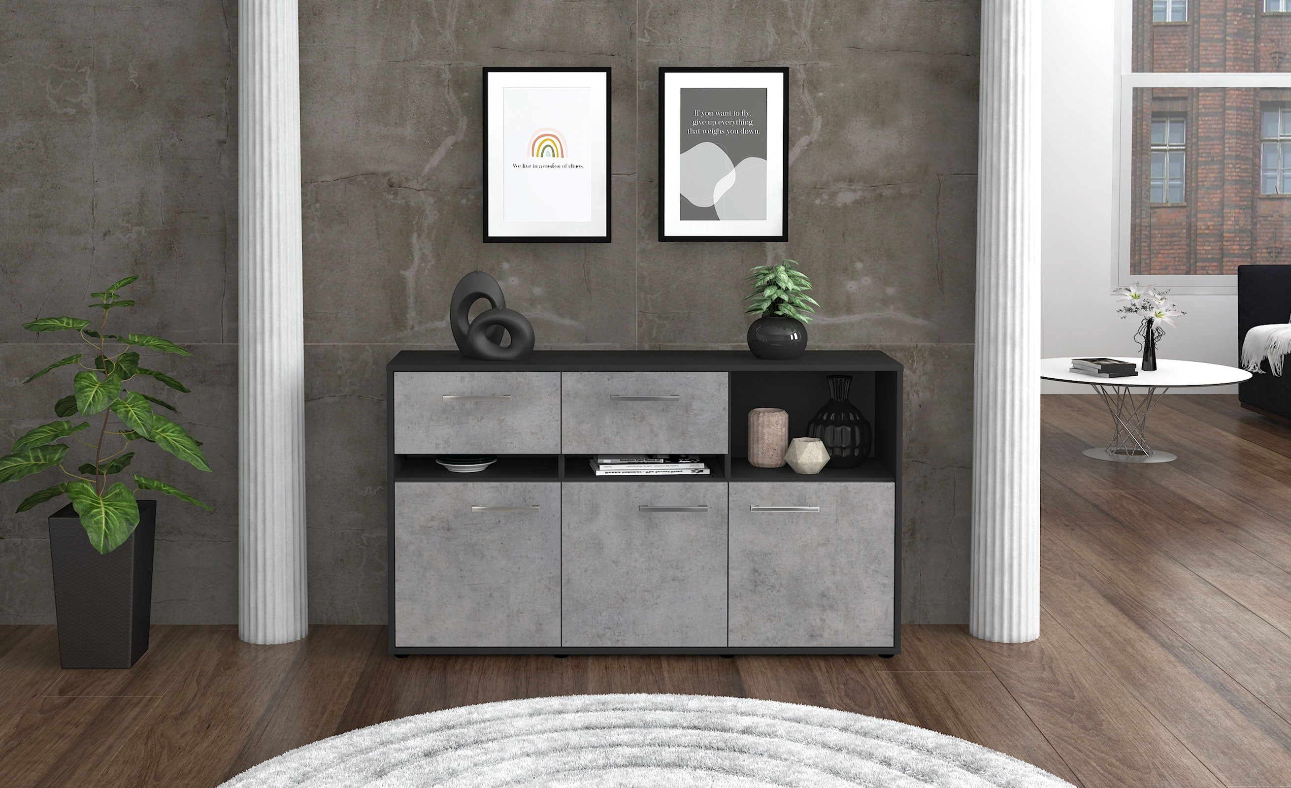 Sideboard - Dorotea - Design Industrie Stil - Freistehend mit Griffe 136 cm Anthrazit