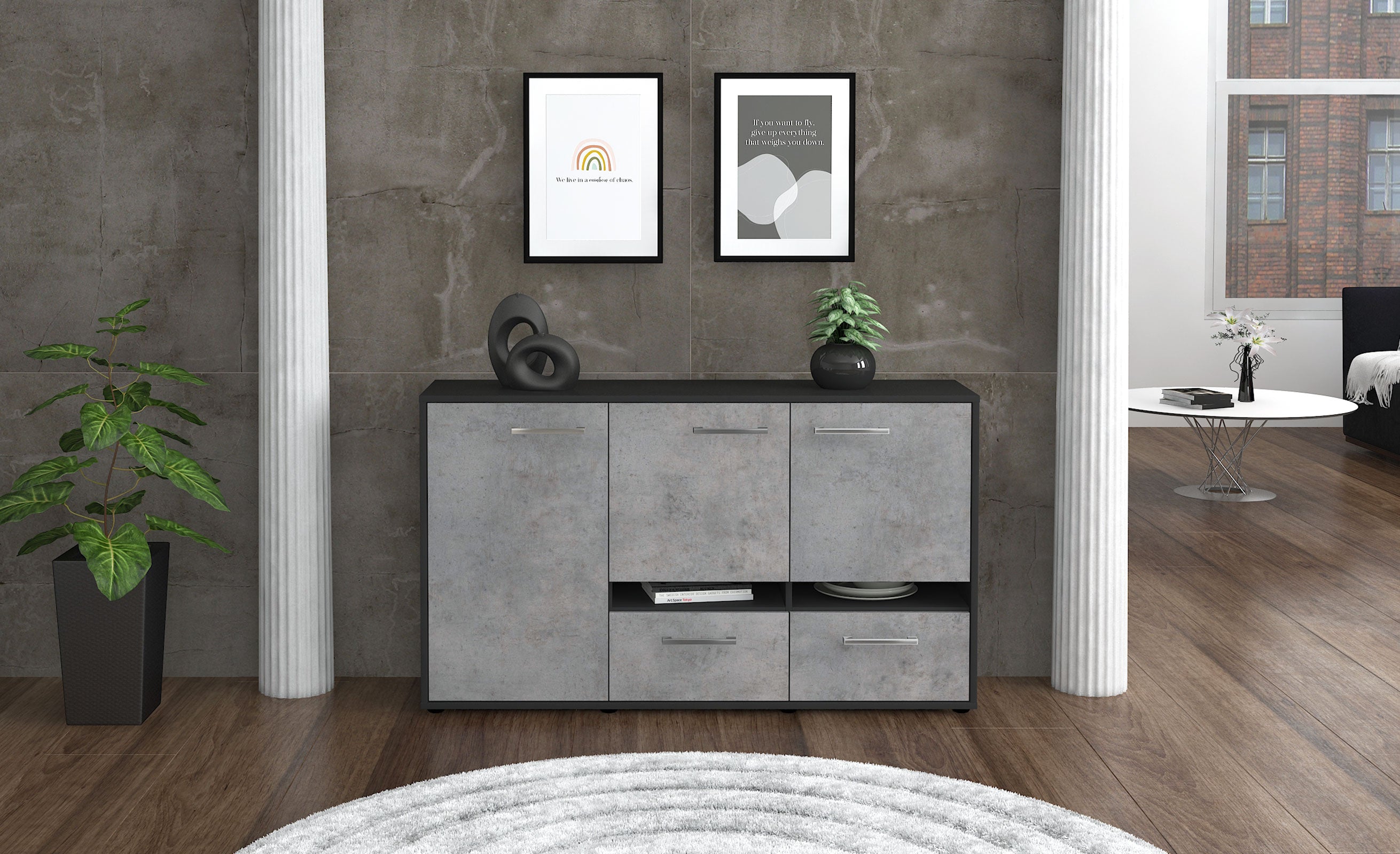 Sideboard - Ebe - Design Industrie Stil - Freistehend mit Griffe 136 cm Anthrazit