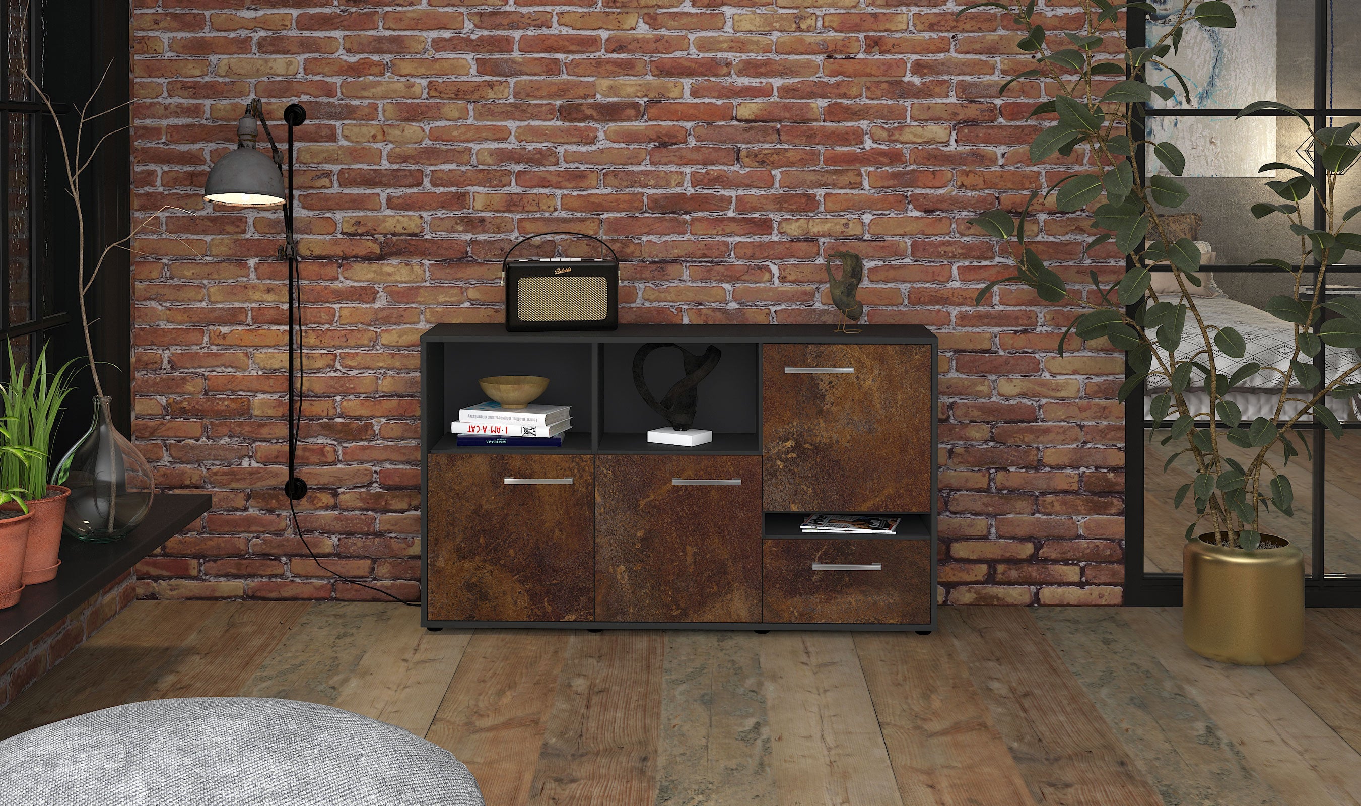 Sideboard - EDA - Design Industrie Stil - Freistehend mit Griffe 136 cm Anthrazit