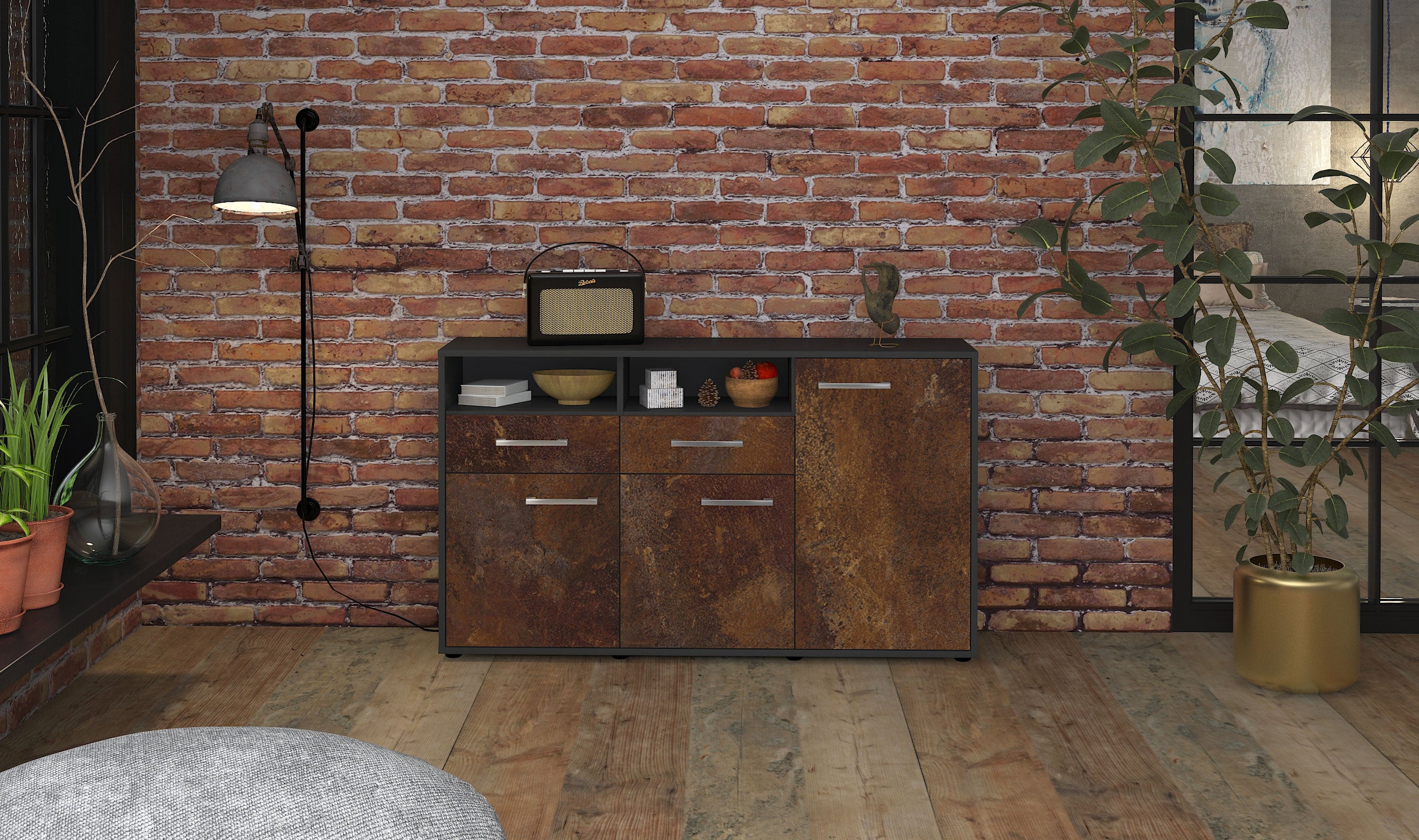 Sideboard - Editta - Design Industrie Stil - Freistehend mit Griffe 136 cm Anthrazit