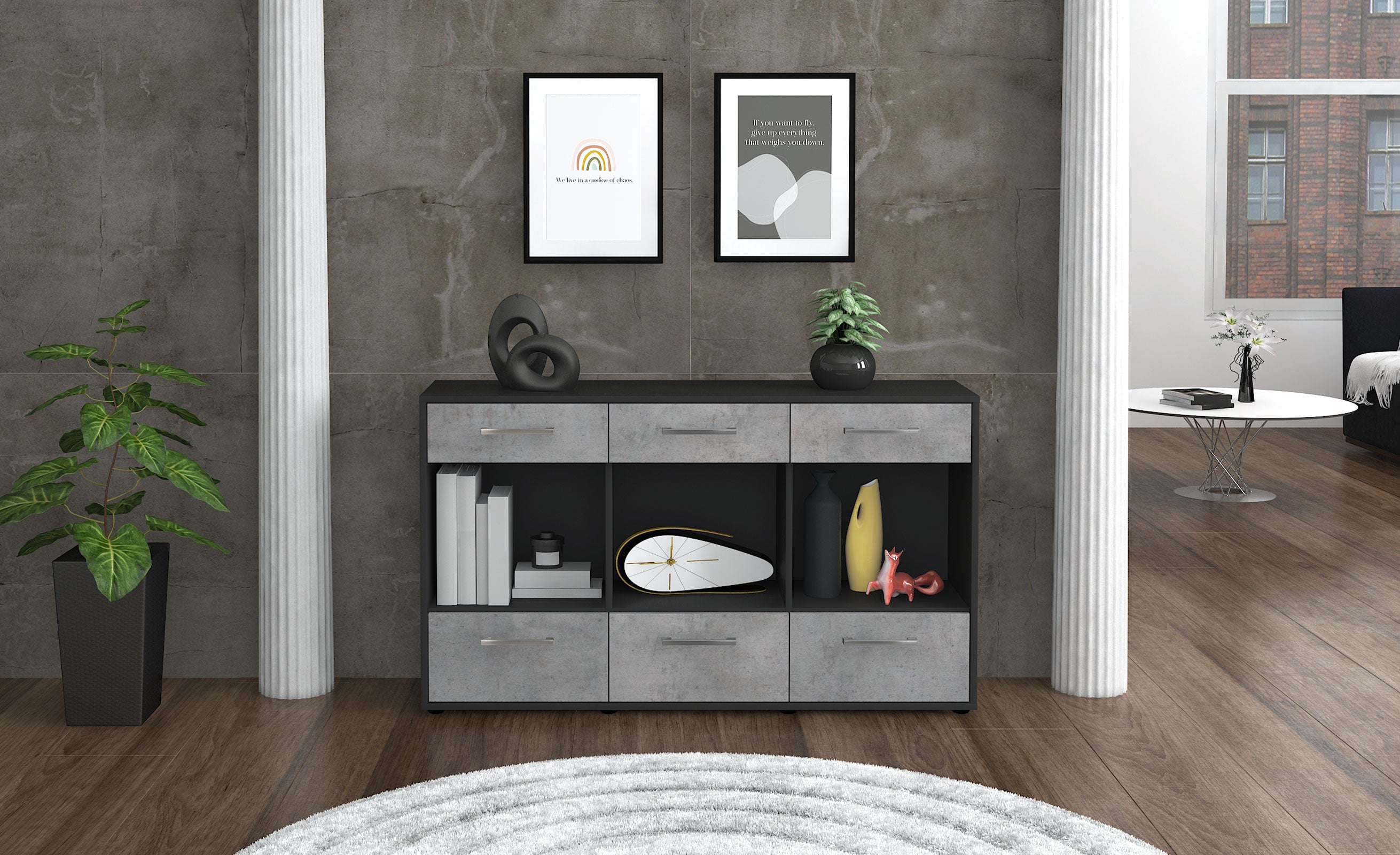 Sideboard - Efisia - Design Industrie Stil - Freistehend mit Griffe 136 cm Anthrazit