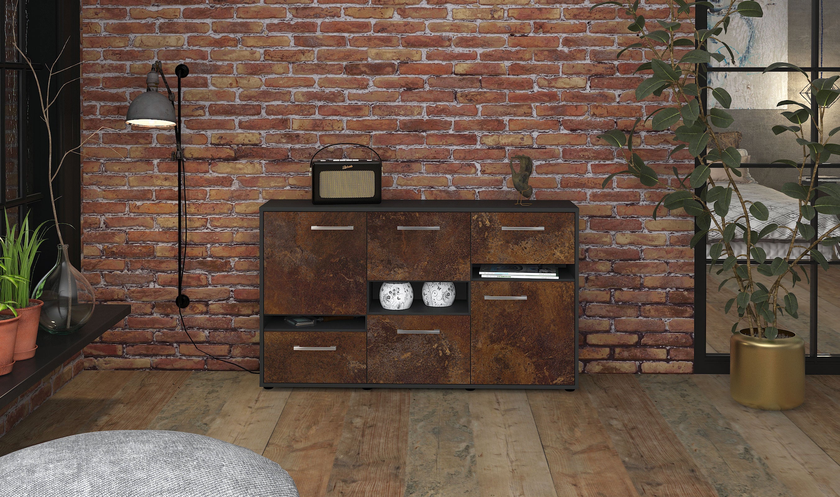 Sideboard - Egizia - Design Industrie Stil - Freistehend mit Griffe 136 cm Anthrazit