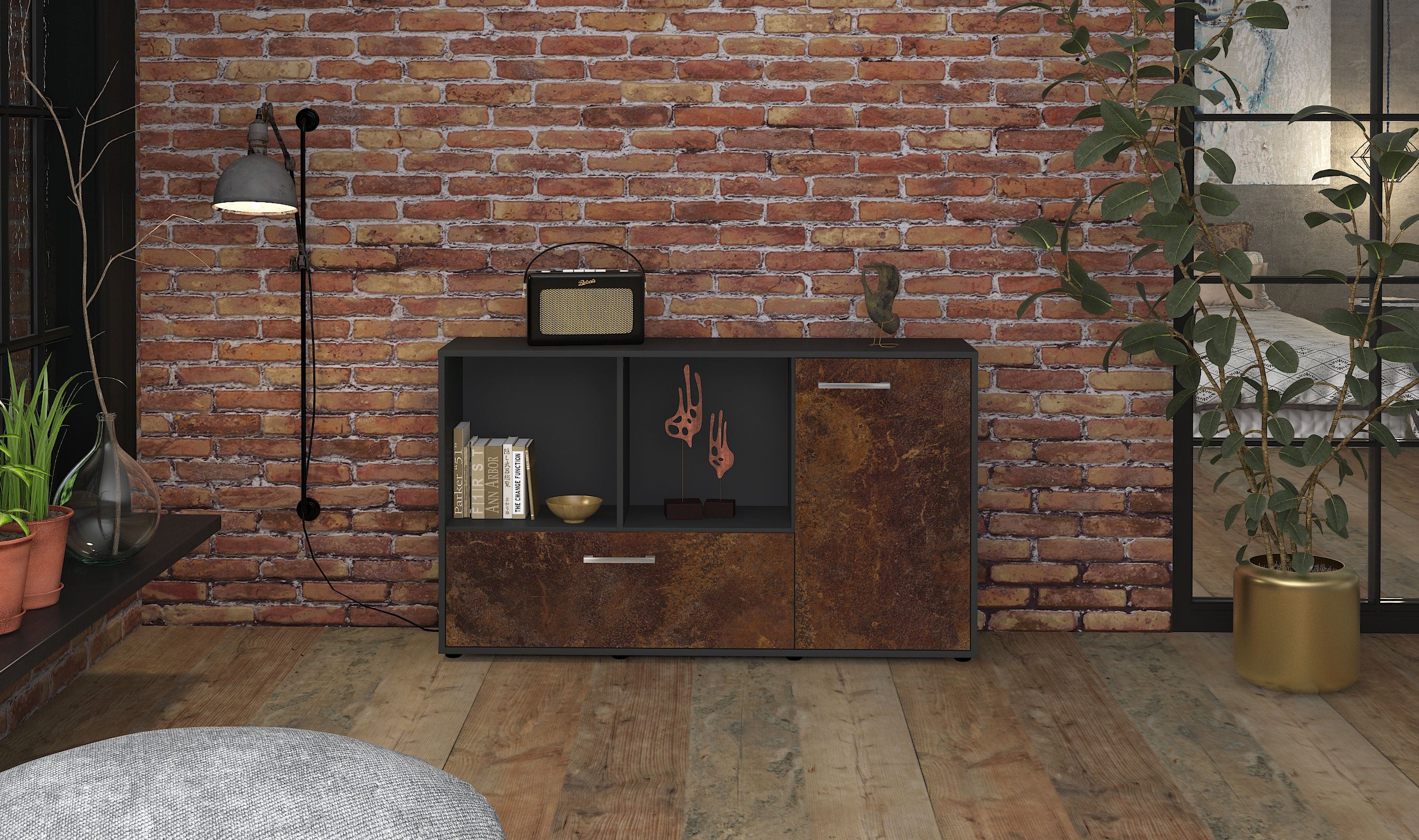 Sideboard - Ela - Design Industrie Stil - Freistehend mit Griffe 136 cm Anthrazit