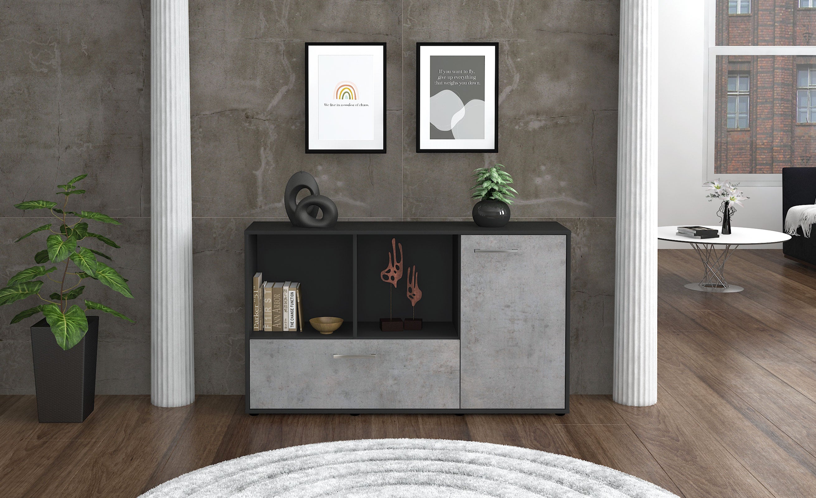 Sideboard - Ela - Design Industrie Stil - Freistehend mit Griffe 136 cm Anthrazit