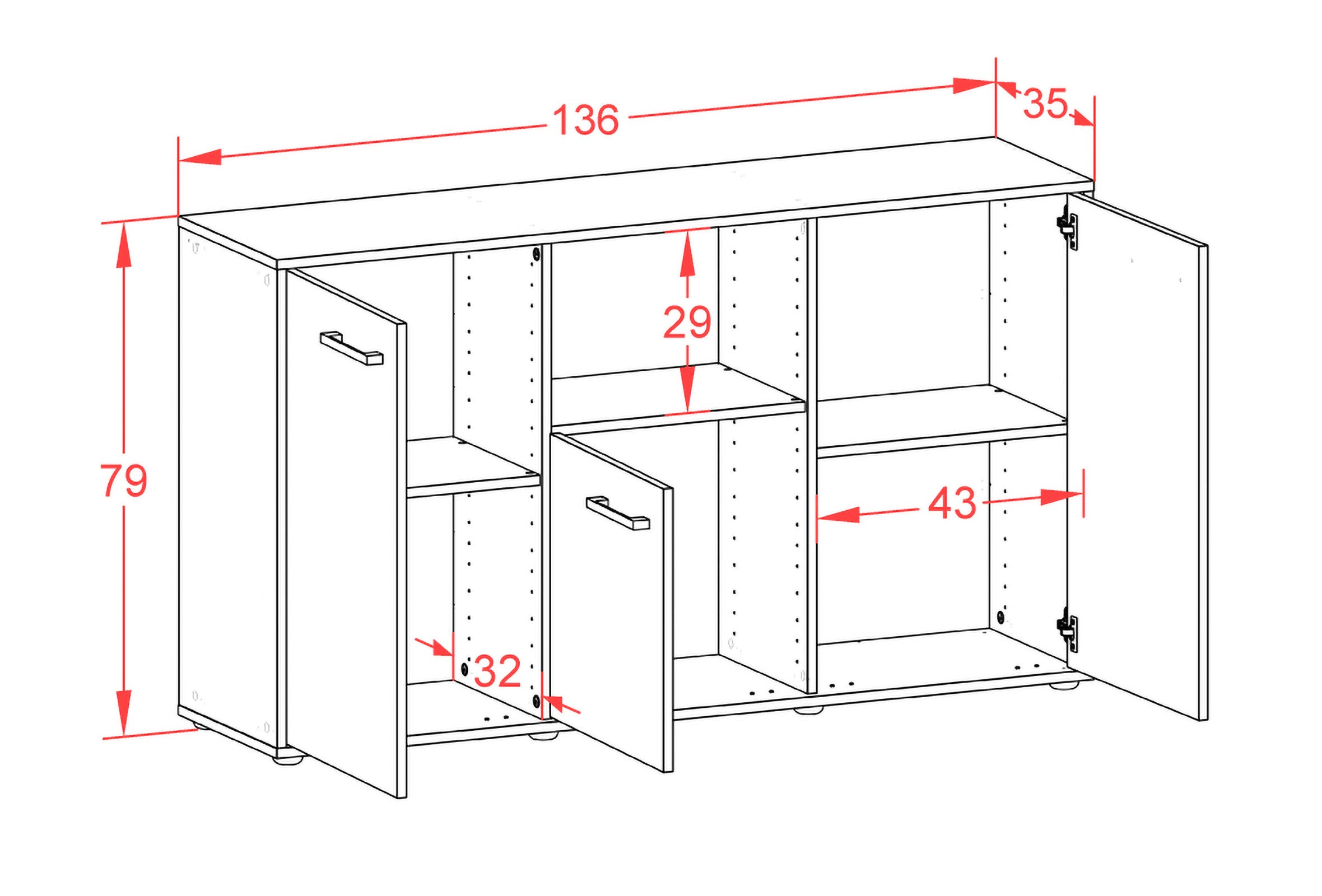 Sideboard - Demetria - Design Farbakzent - Freistehend mit Griffe 136 cm Weiss