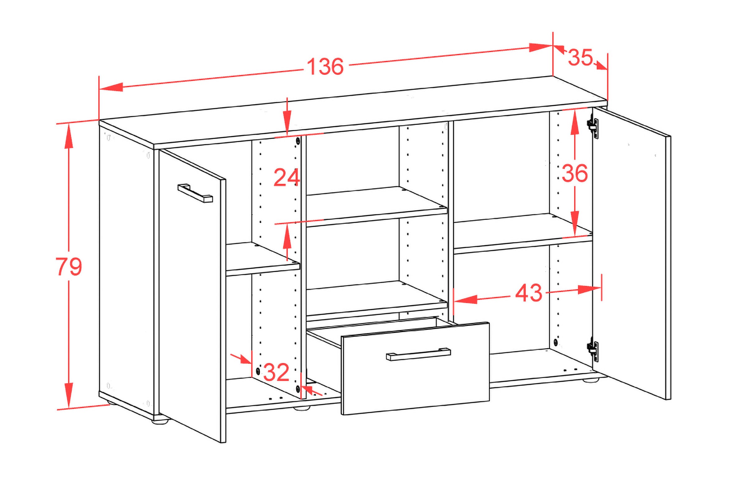 Sideboard - Desideria - Design Farbakzent - Freistehend mit Griffe 136 cm Weiss