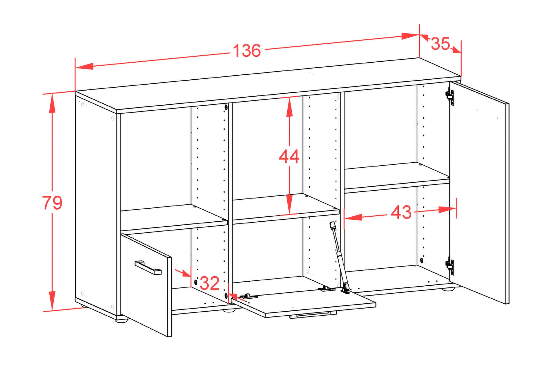 Sideboard - Dolcia - Design Farbakzent - Freistehend mit Griffe 136 cm Weiss