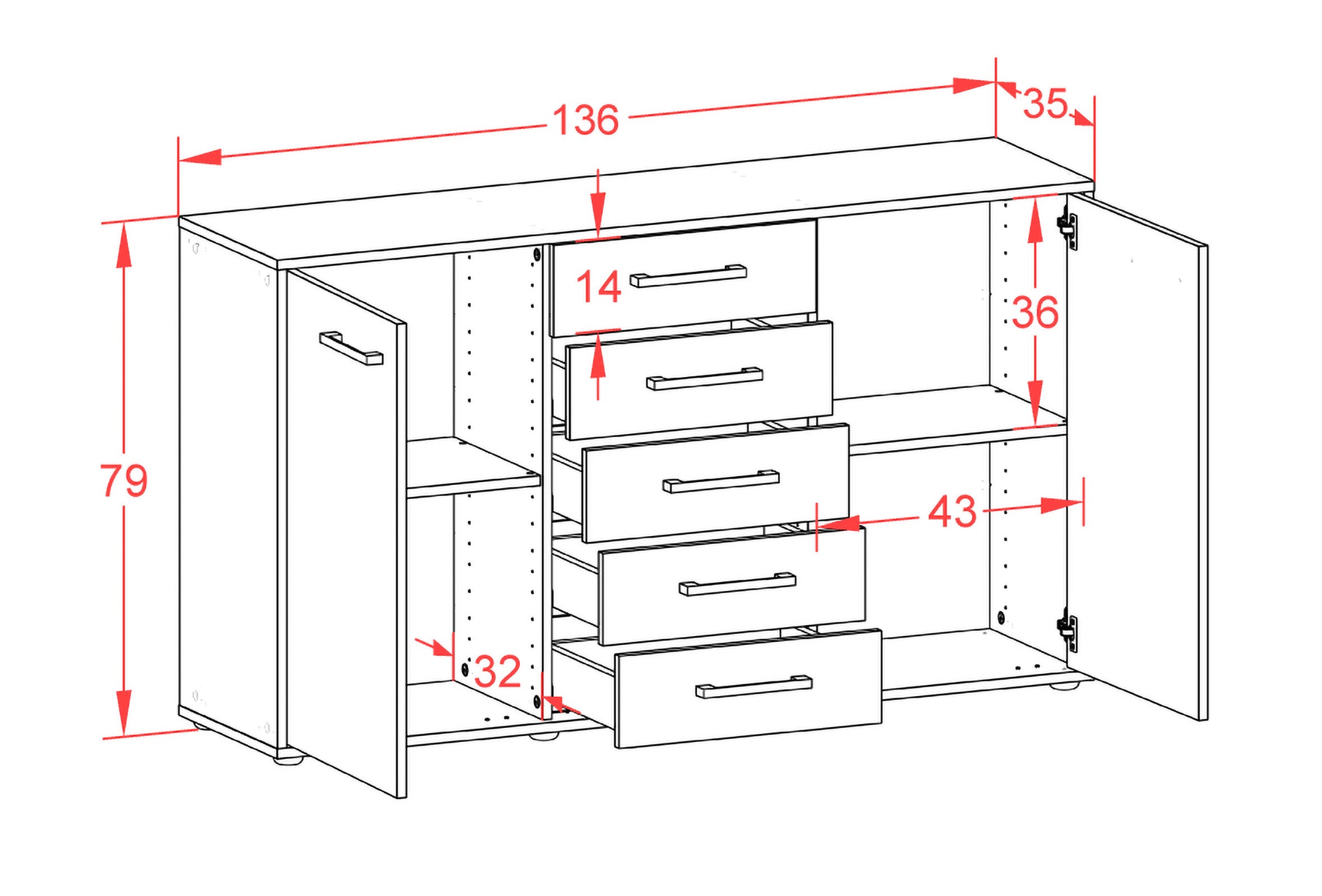 Sideboard - Dorelly - Design Farbakzent - Freistehend mit Griffe 136 cm Anthrazit