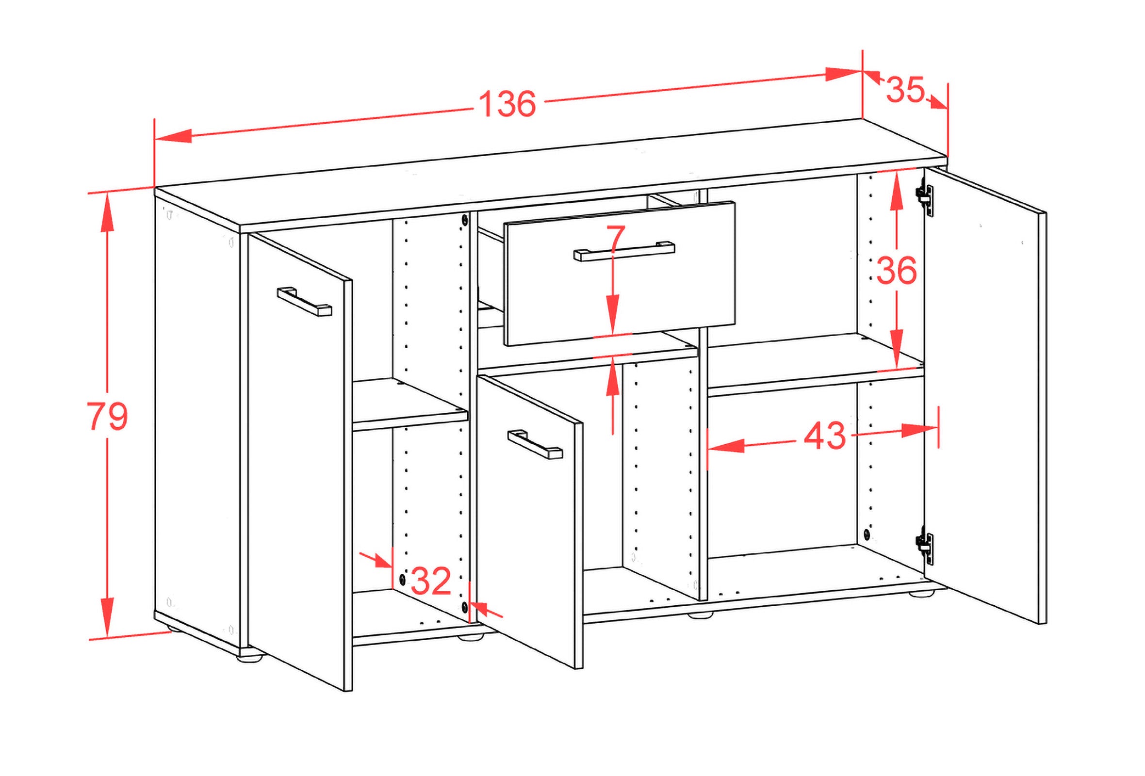Sideboard - Dorina - Design Farbakzent - Freistehend mit Griffe 136 cm Weiss