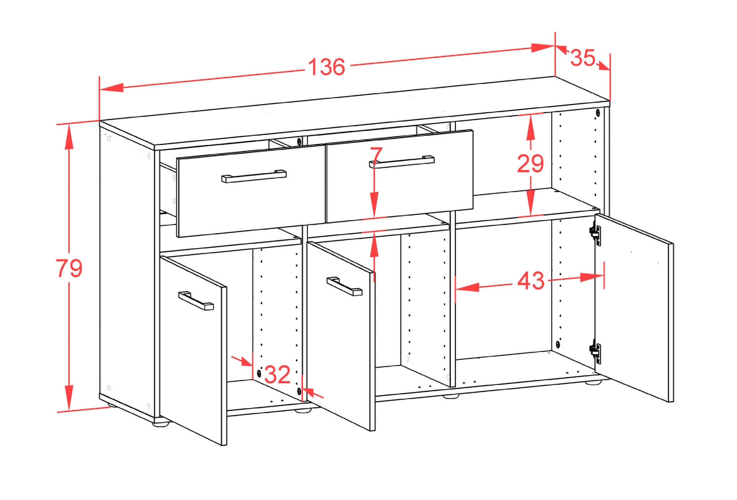 Sideboard - Dorotea - Design Industrie Stil - Freistehend mit Griffe 136 cm Anthrazit