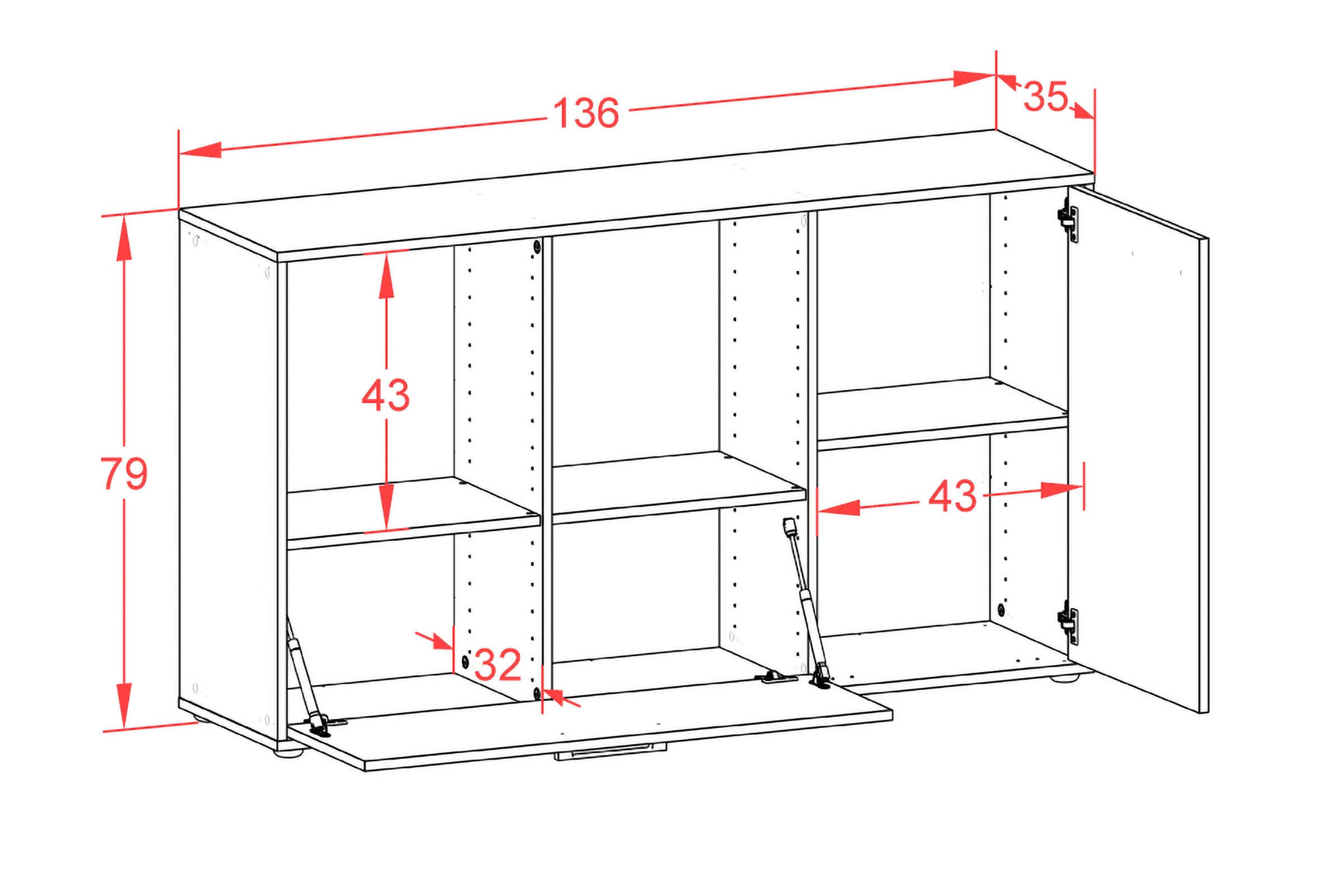 Sideboard - Ela - Design Industrie Stil - Freistehend mit Griffe 136 cm Anthrazit