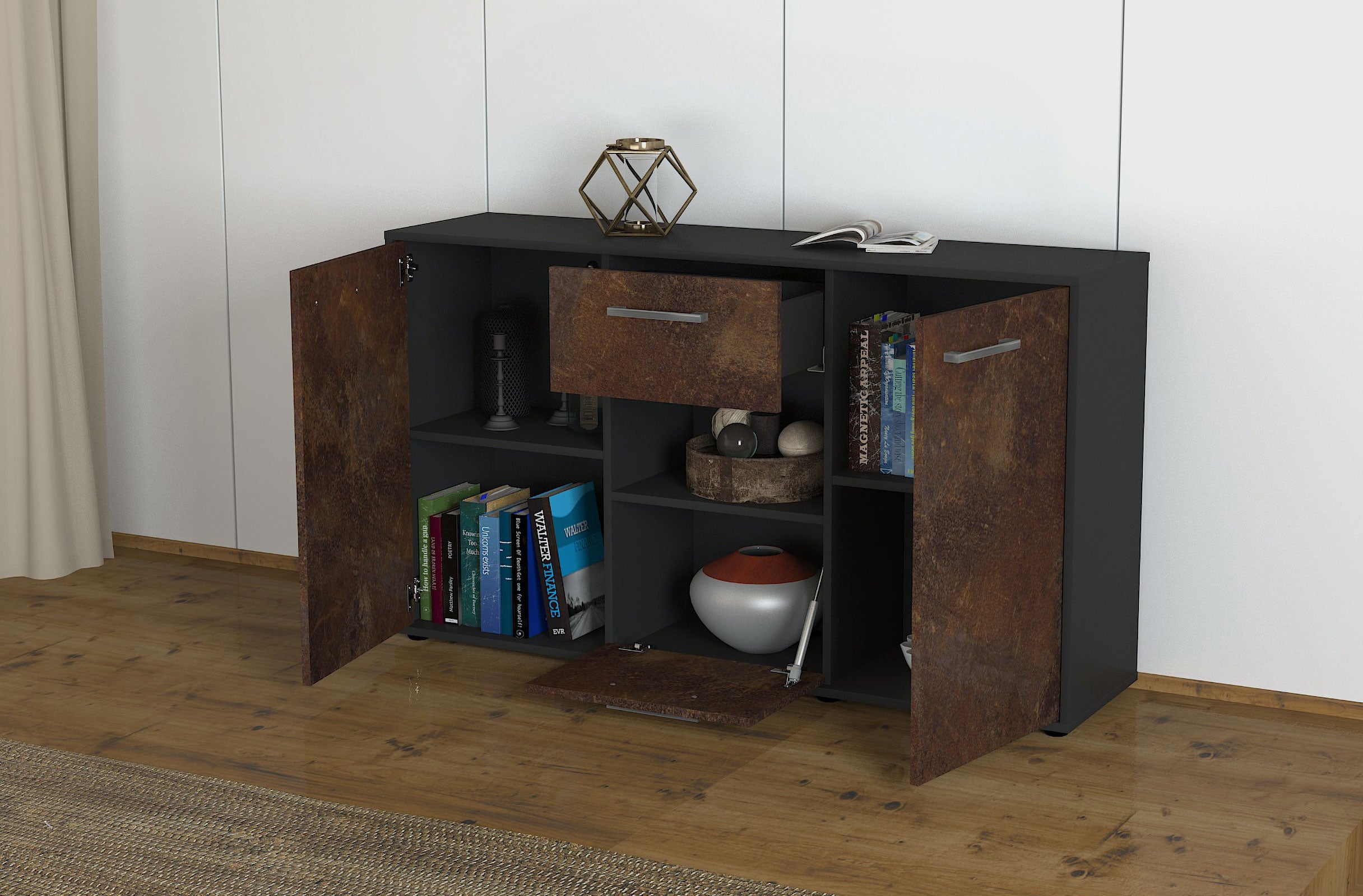 Sideboard - Doriana - Design Industrie Stil - Freistehend mit Griffe 136 cm Anthrazit