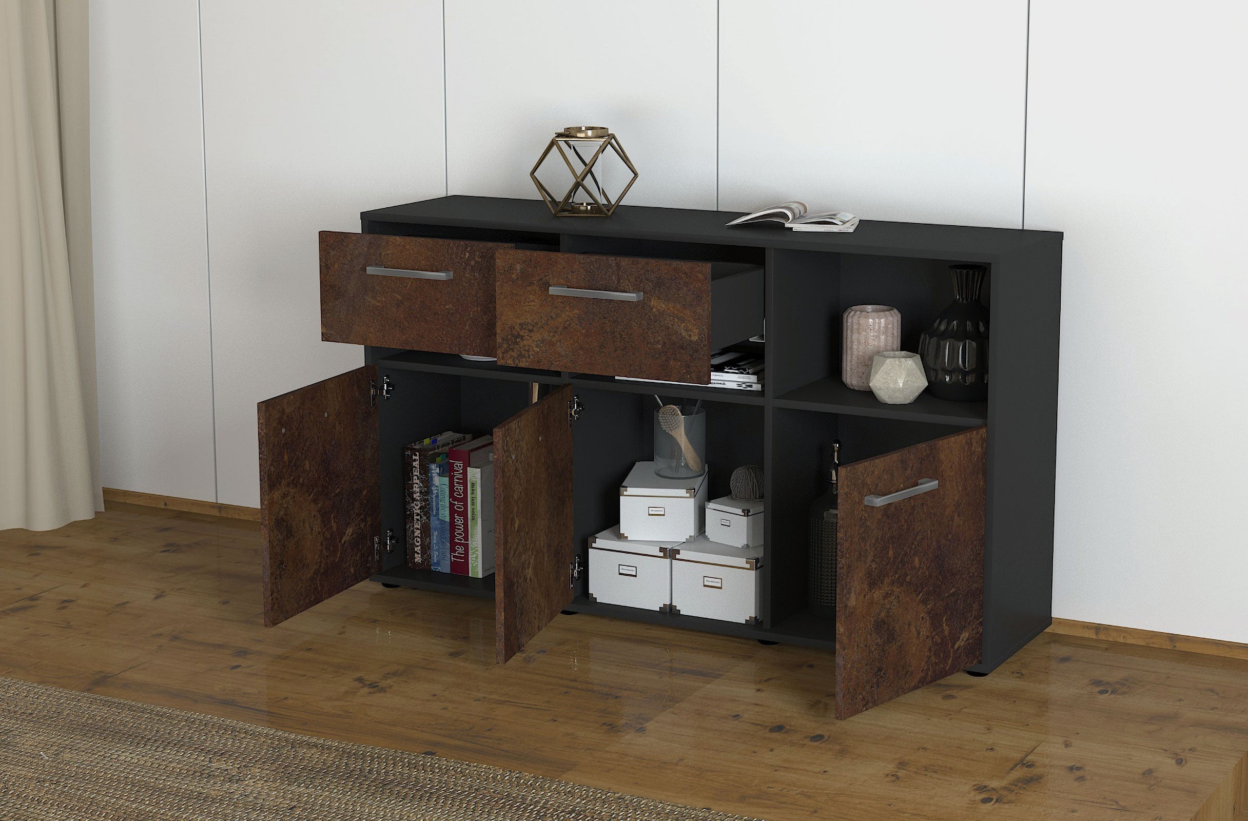 Sideboard - Dorotea - Design Industrie Stil - Freistehend mit Griffe 136 cm Anthrazit