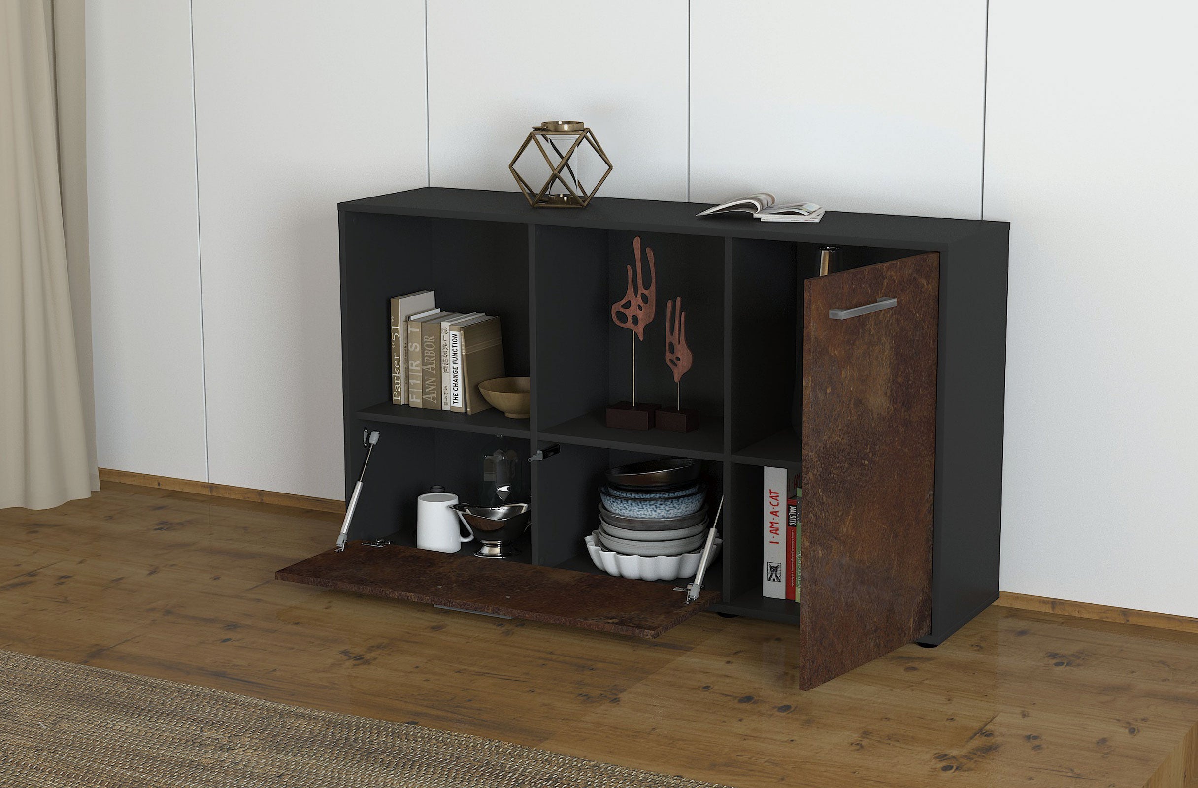 Sideboard - Ela - Design Industrie Stil - Freistehend mit Griffe 136 cm Anthrazit