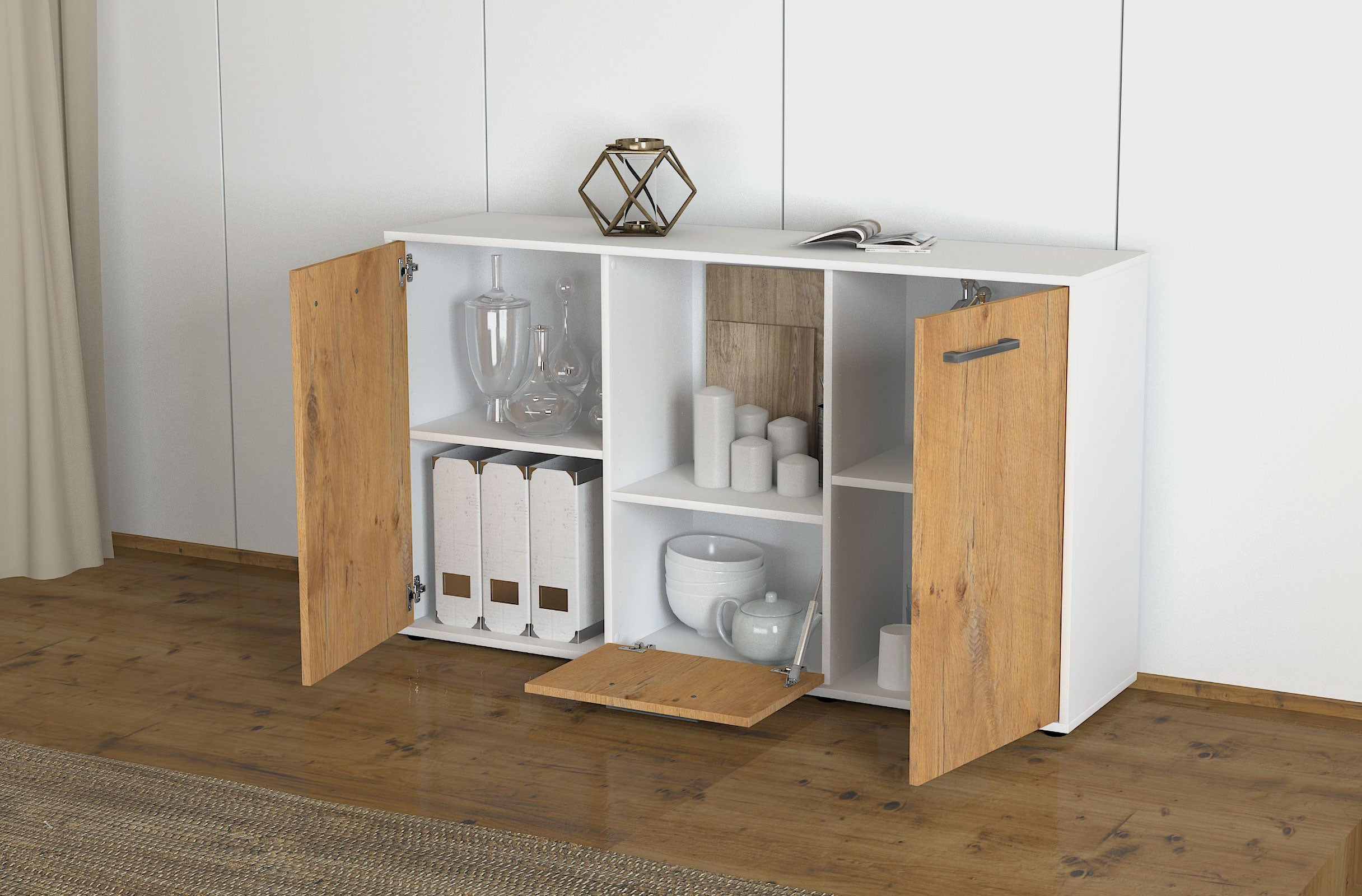 Sideboard - Dhonna - Design Holzdekor - Freistehend mit Griffe 136 cm Weiss