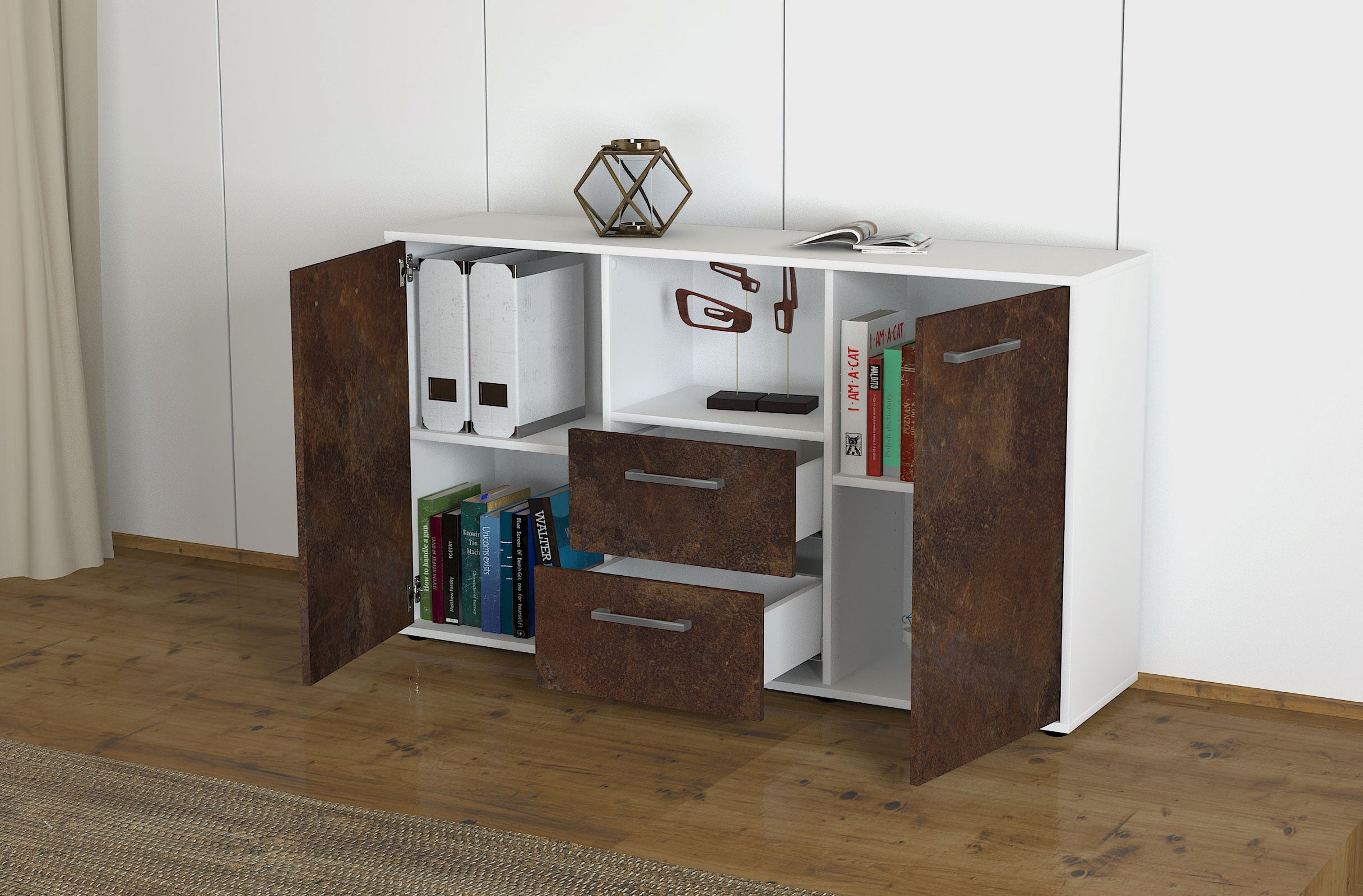 Sideboard - Donika - Design Industrie Stil - Freistehend mit Griffe 136 cm Weiss