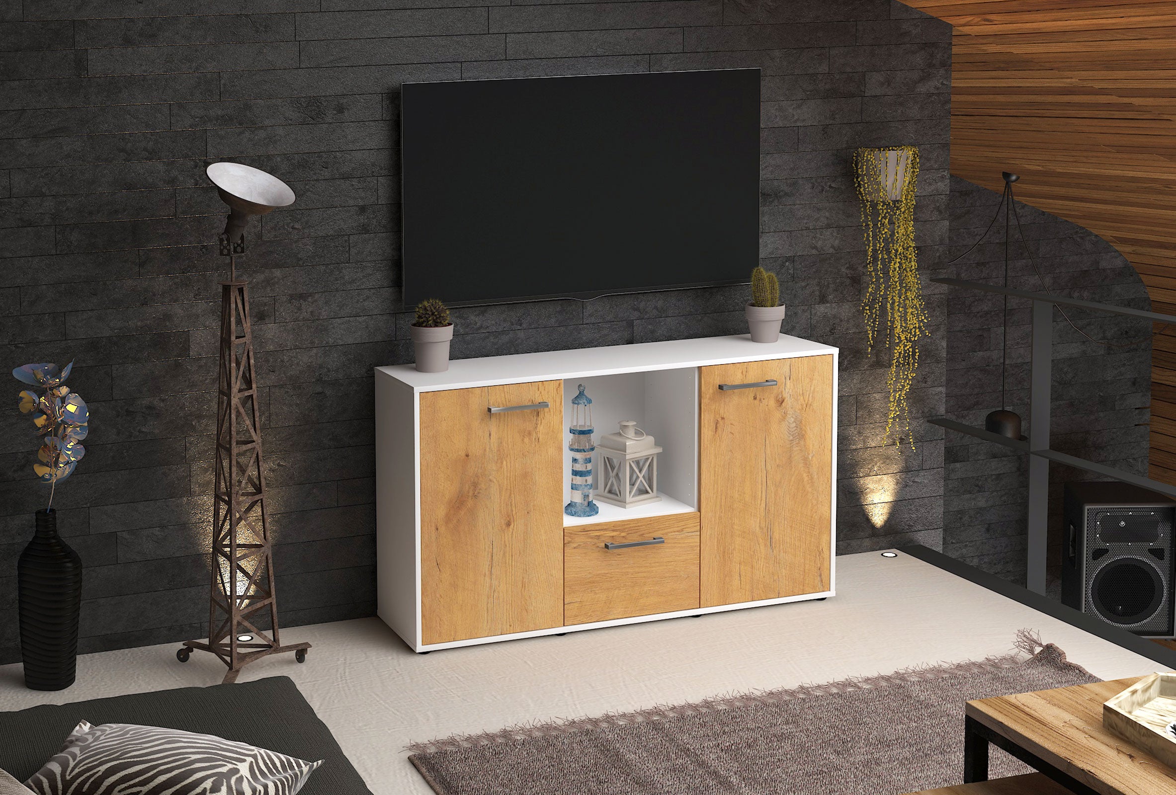 Sideboard - Dhonna - Design Holzdekor - Freistehend mit Griffe 136 cm Weiss