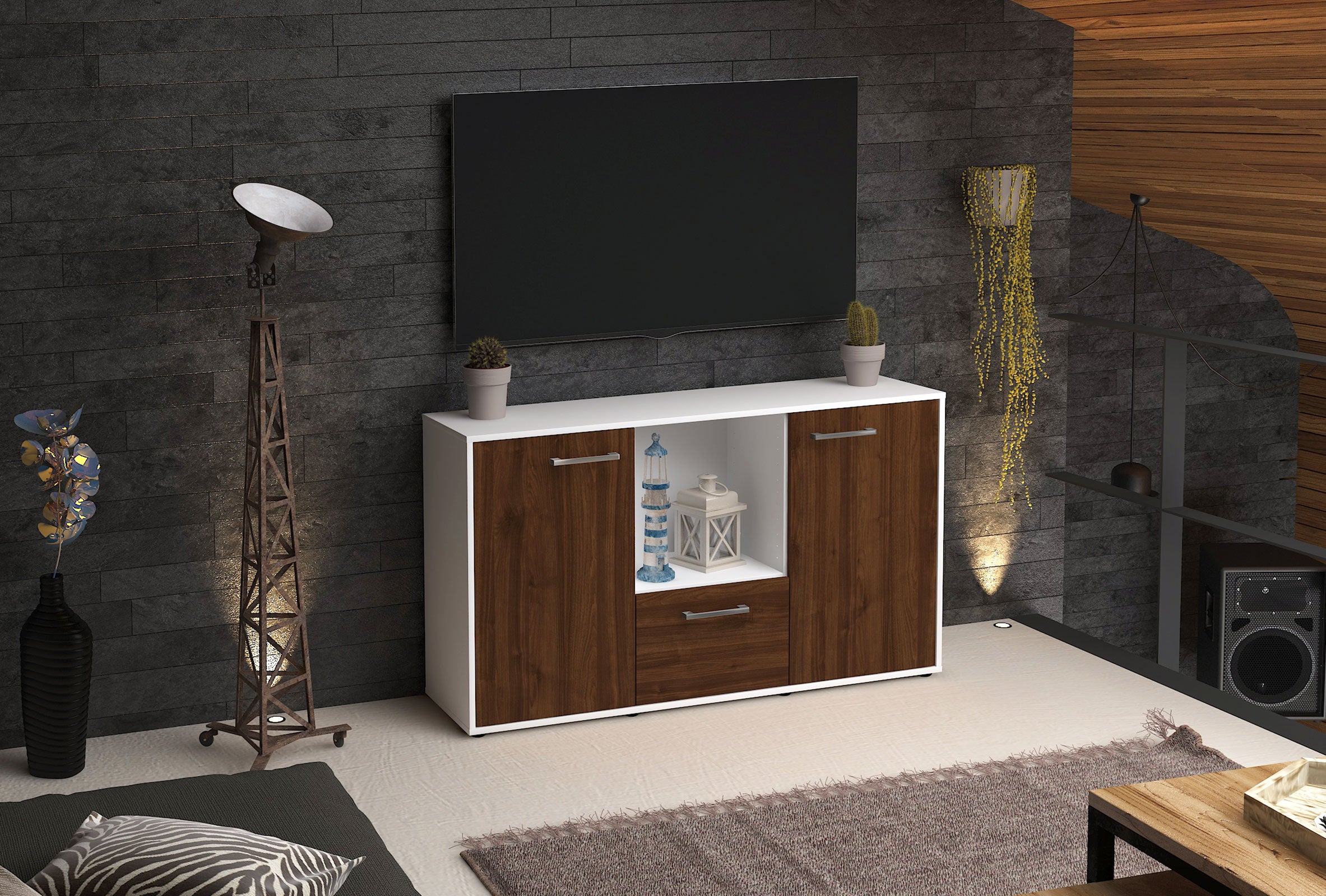 Sideboard - Dhonna - Design Holzdekor - Freistehend mit Griffe 136 cm Weiss