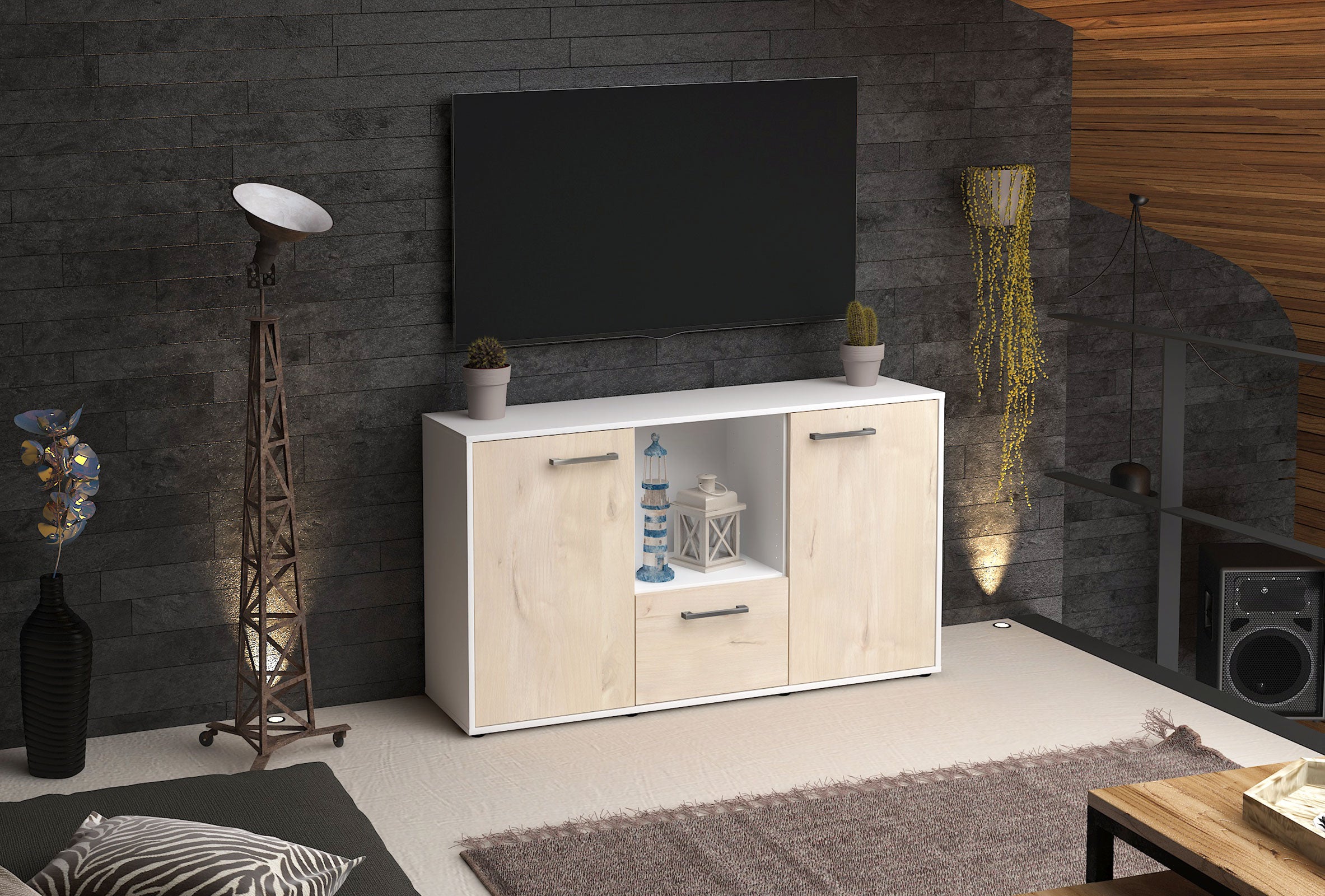 Sideboard - Dhonna - Design Holzdekor - Freistehend mit Griffe 136 cm Weiss