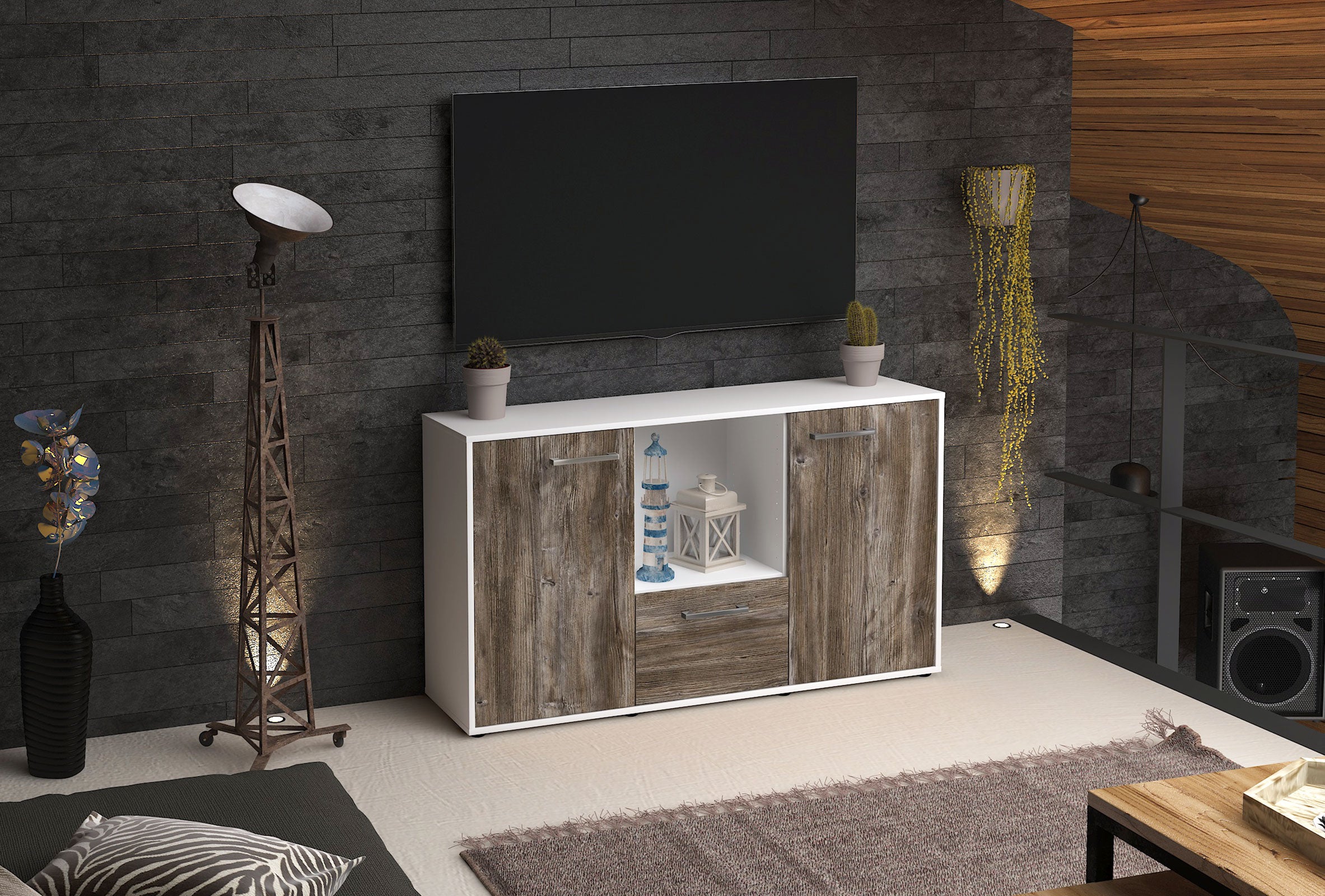 Sideboard - Dhonna - Design Holzdekor - Freistehend mit Griffe 136 cm Weiss