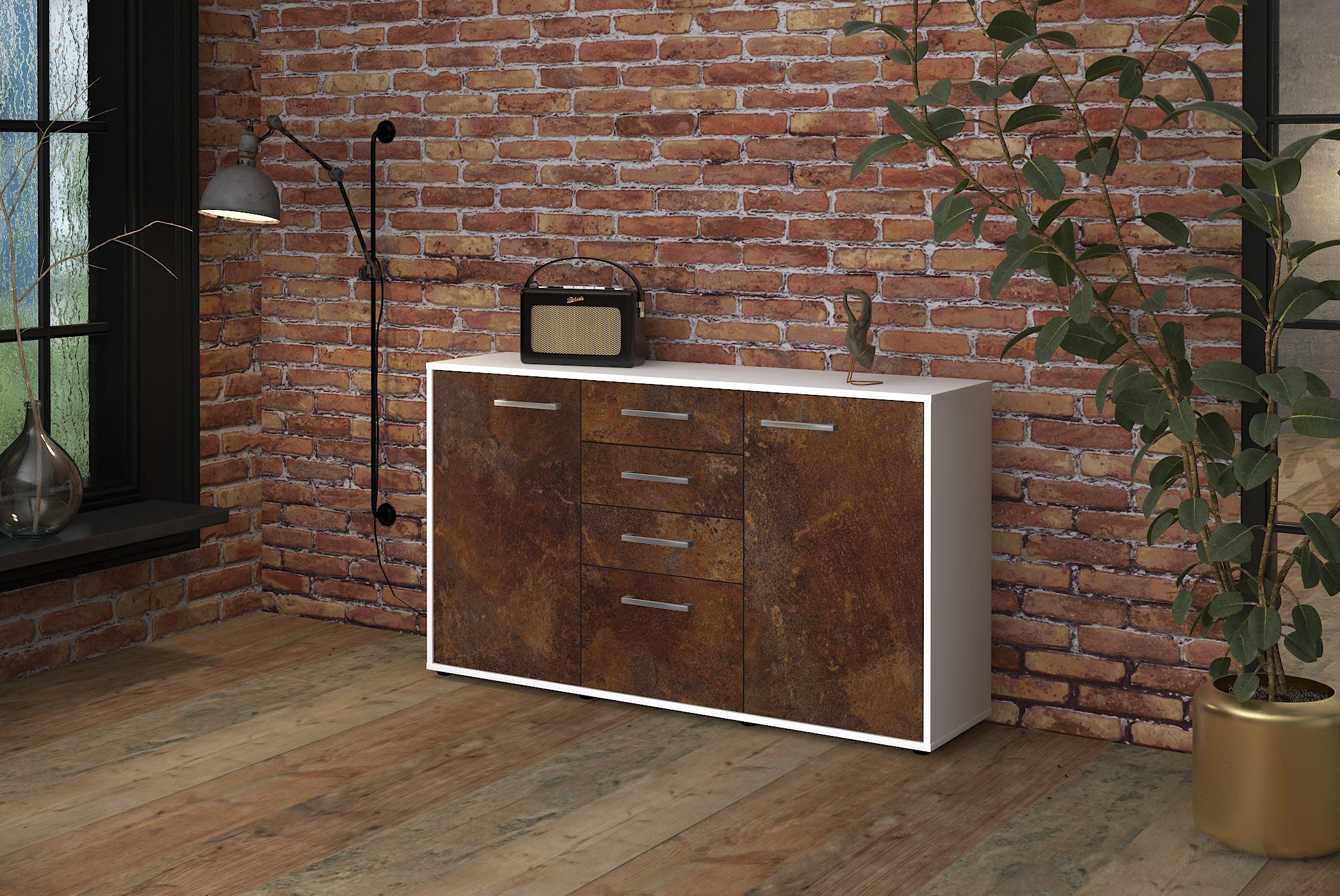 Sideboard - Donatella - Design Industrie Stil - Freistehend mit Griffe 136 cm Weiss
