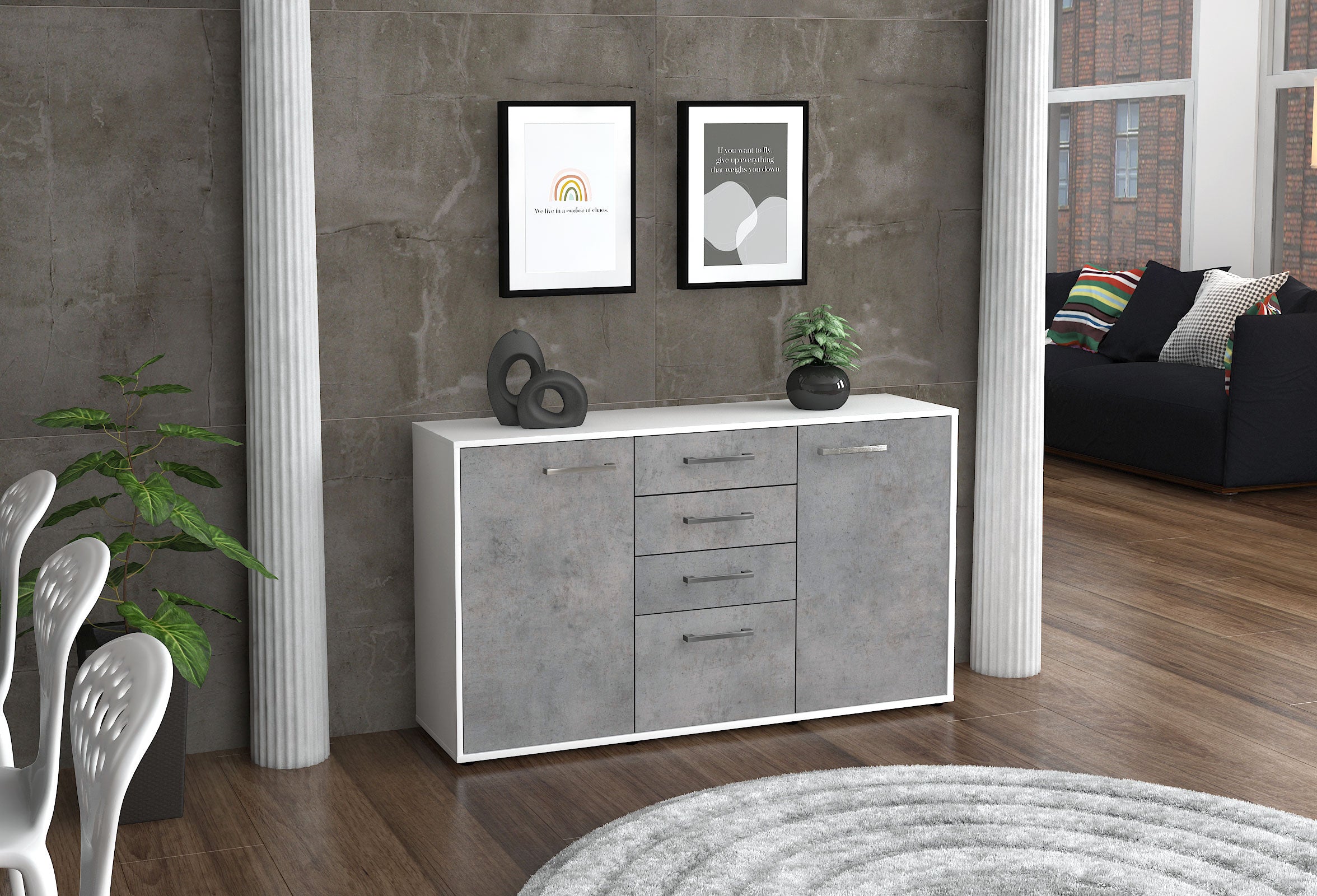 Sideboard - Donatella - Design Industrie Stil - Freistehend mit Griffe 136 cm Weiss