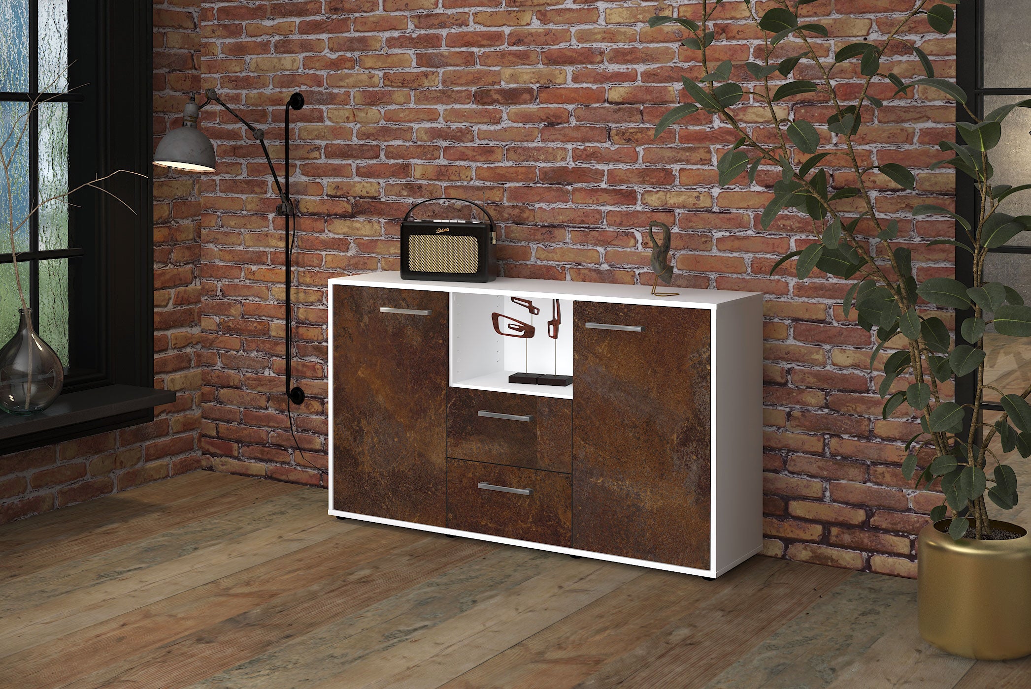 Sideboard - Donika - Design Industrie Stil - Freistehend mit Griffe 136 cm Weiss