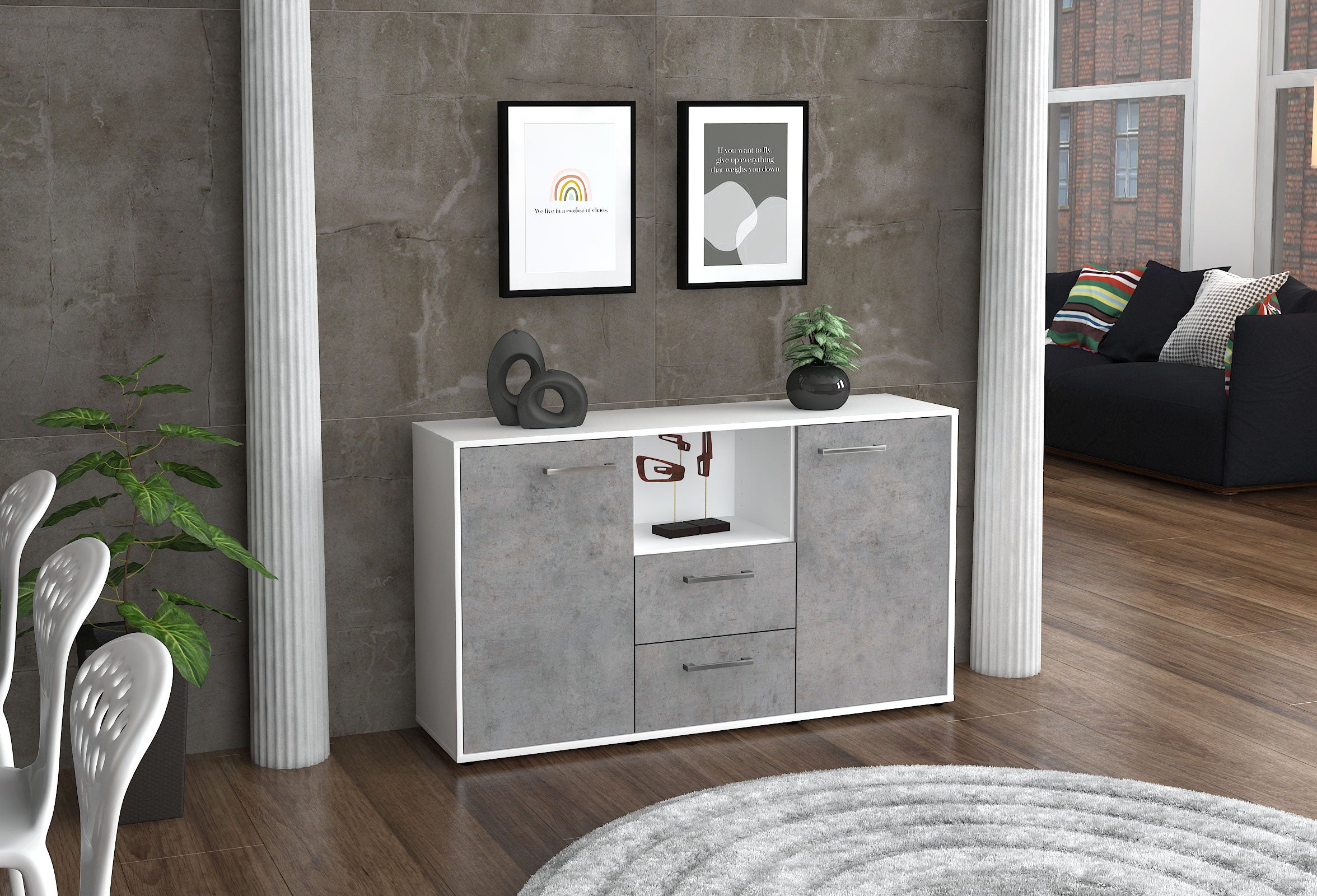 Sideboard - Donika - Design Industrie Stil - Freistehend mit Griffe 136 cm Weiss