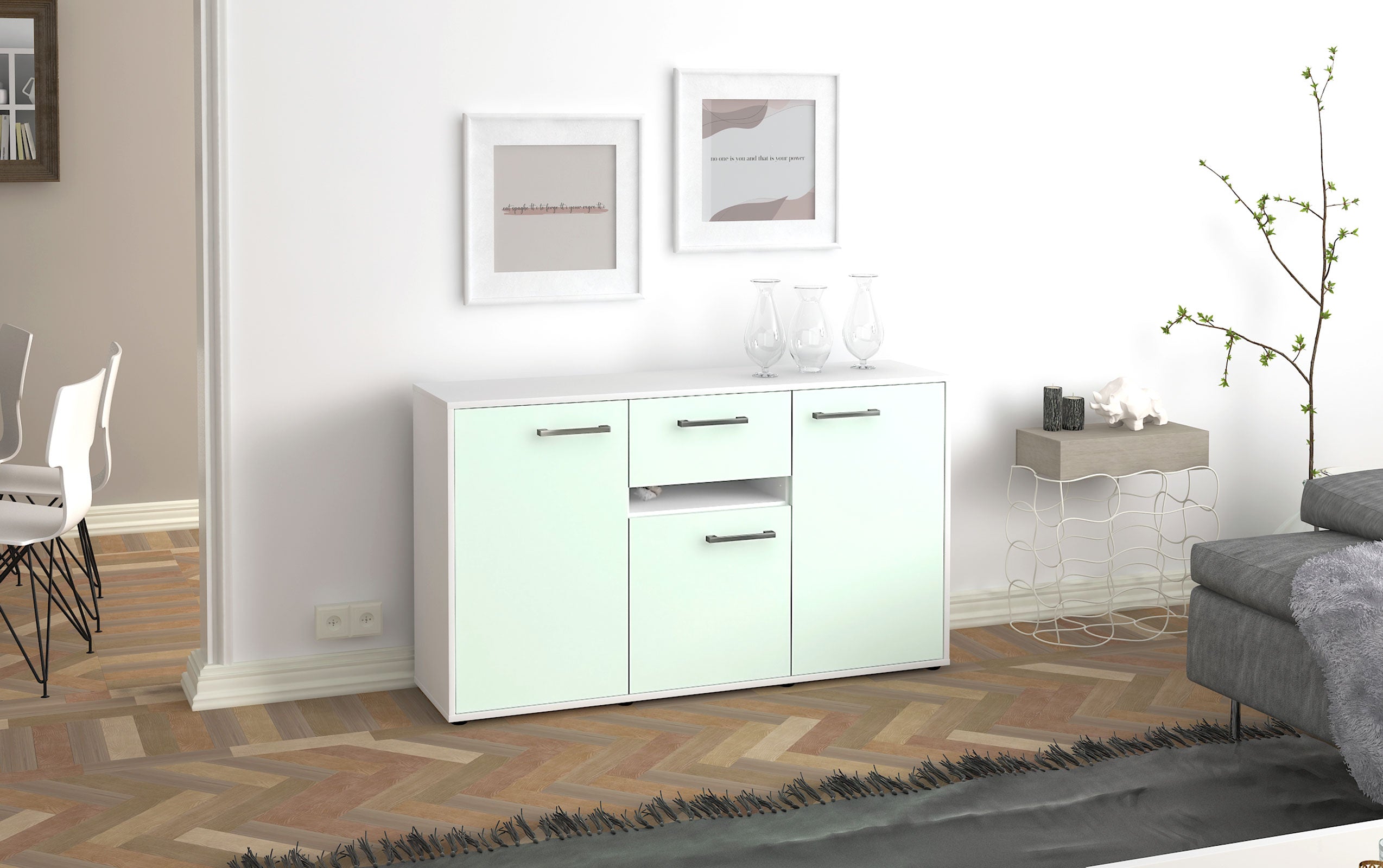 Sideboard - Dorina - Design Farbakzent - Freistehend mit Griffe 136 cm Weiss