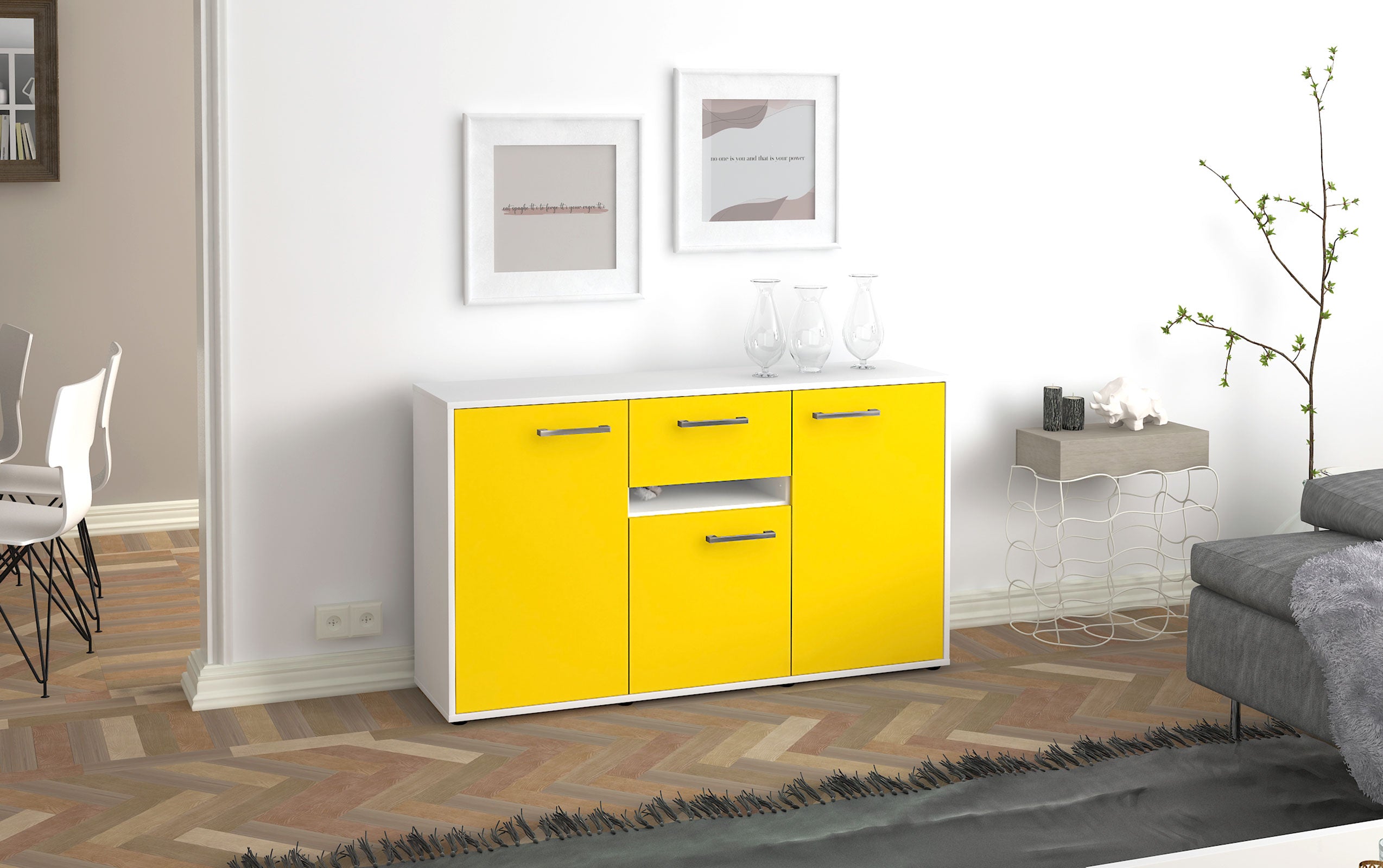 Sideboard - Dorina - Design Farbakzent - Freistehend mit Griffe 136 cm Weiss