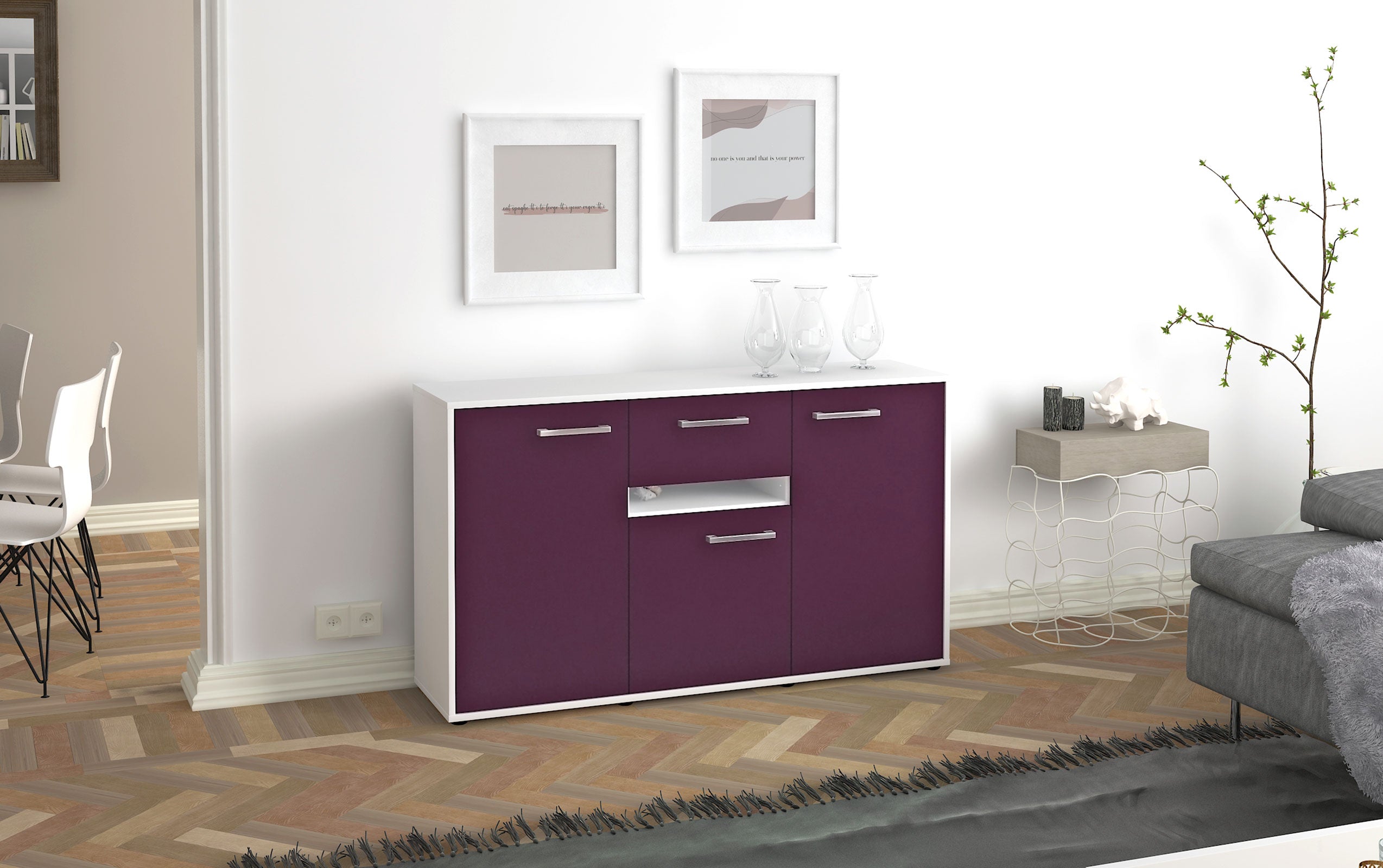 Sideboard - Dorina - Design Farbakzent - Freistehend mit Griffe 136 cm Weiss