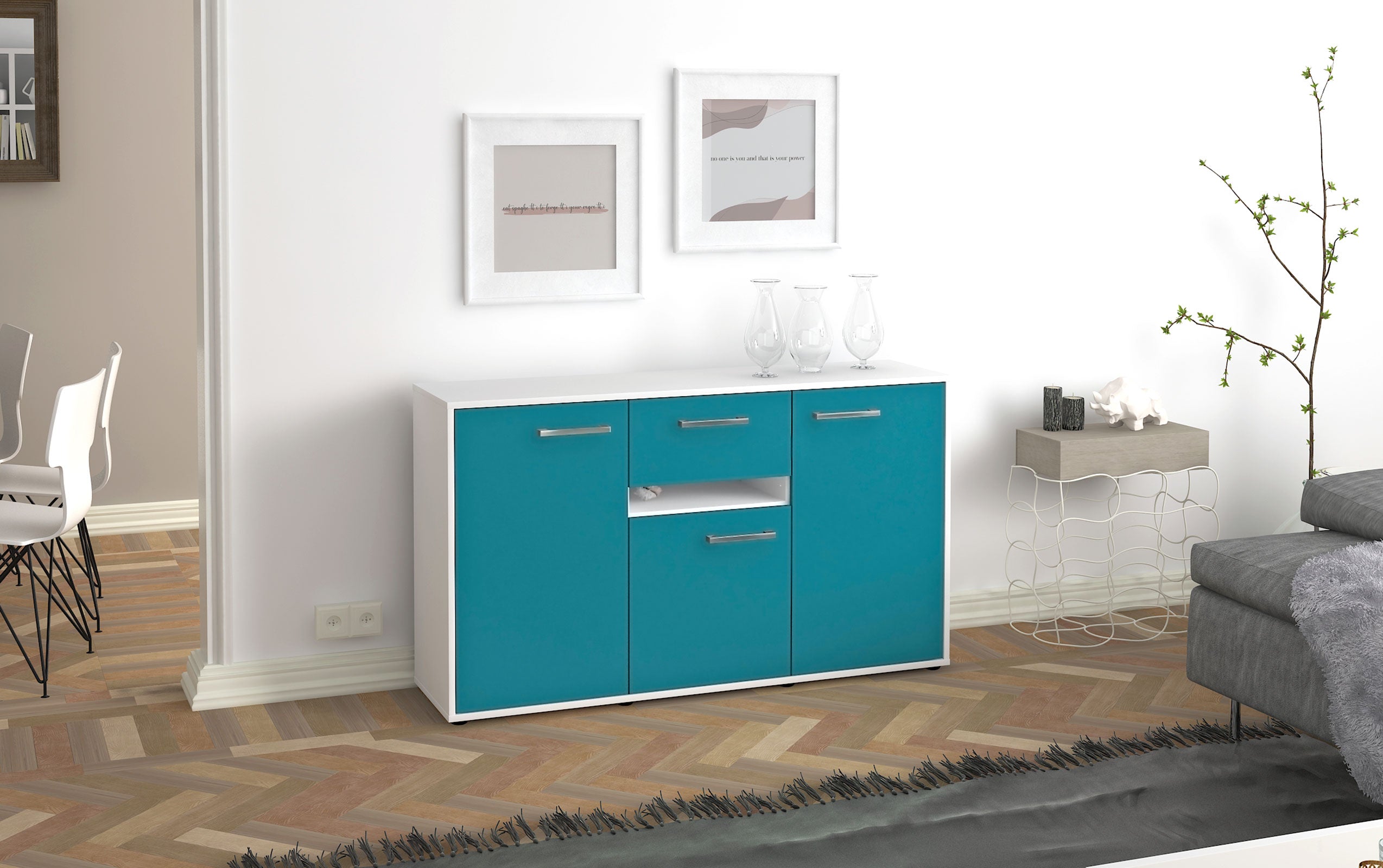 Sideboard - Dorina - Design Farbakzent - Freistehend mit Griffe 136 cm Weiss