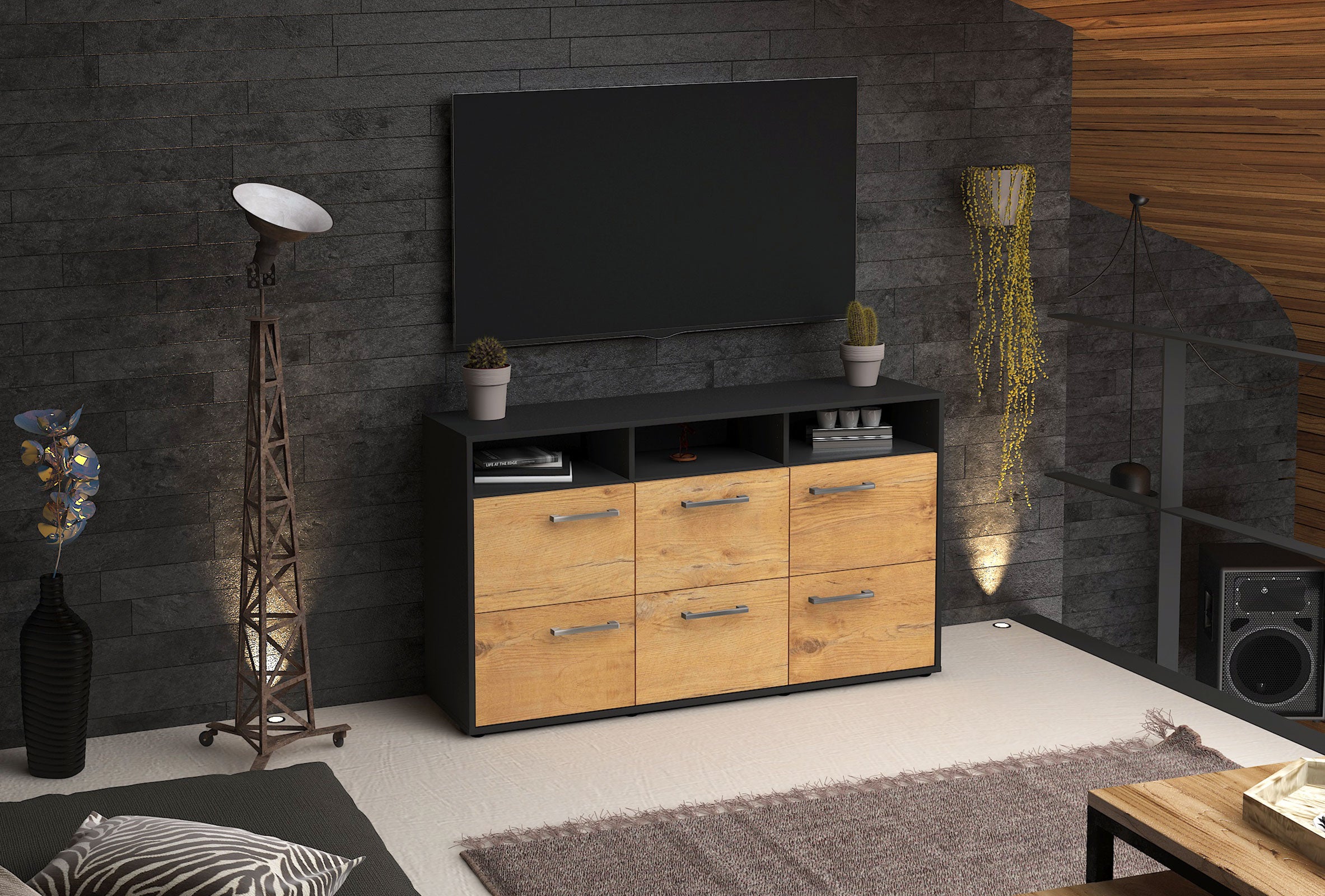 Sideboard - Dilara - Design Holzdekor - Freistehend mit Griffe 136 cm Anthrazit