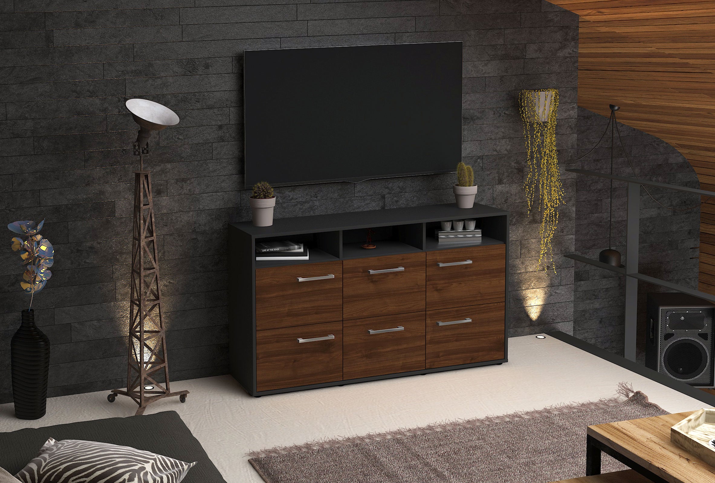 Sideboard - Dilara - Design Holzdekor - Freistehend mit Griffe 136 cm Anthrazit