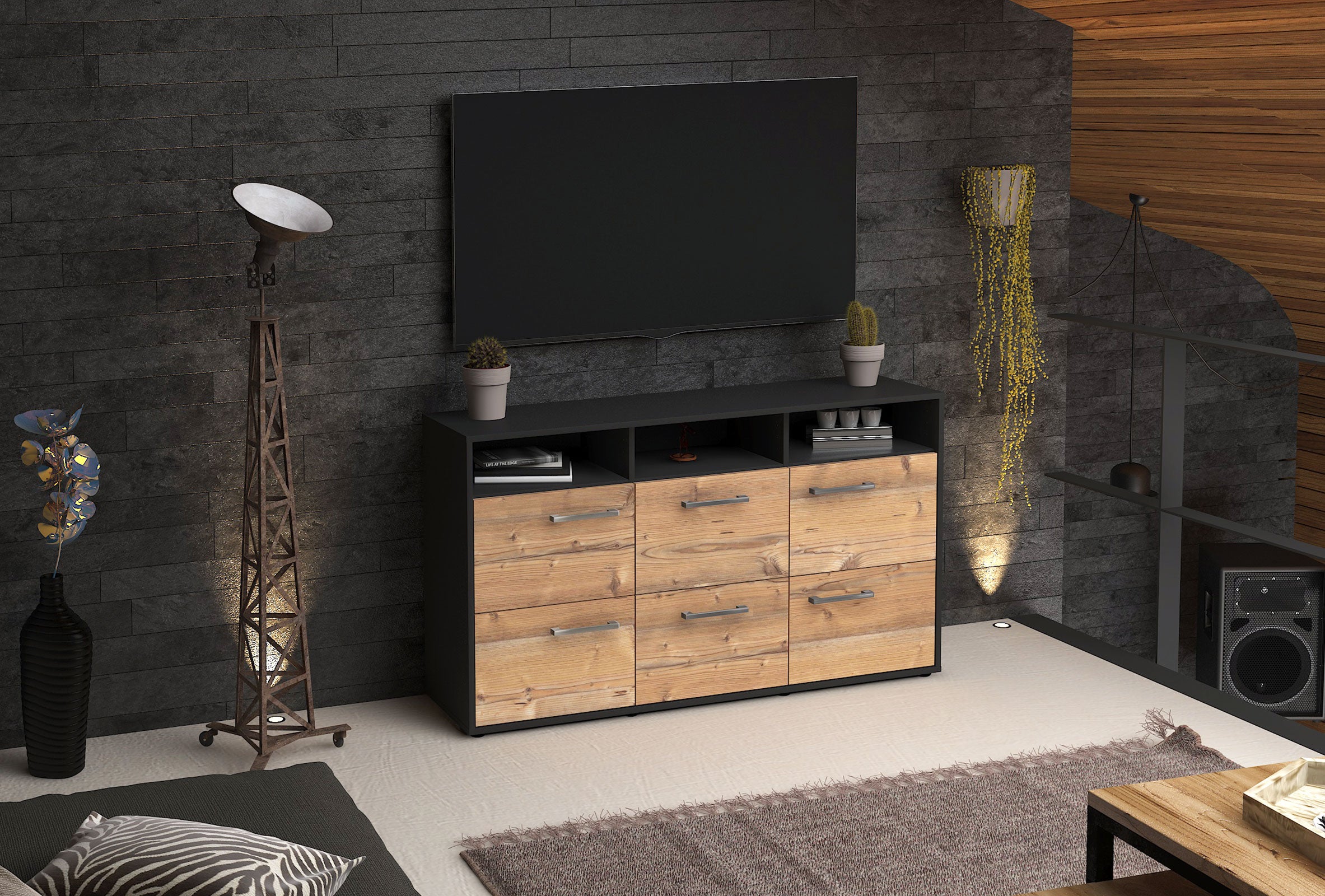 Sideboard - Dilara - Design Holzdekor - Freistehend mit Griffe 136 cm Anthrazit