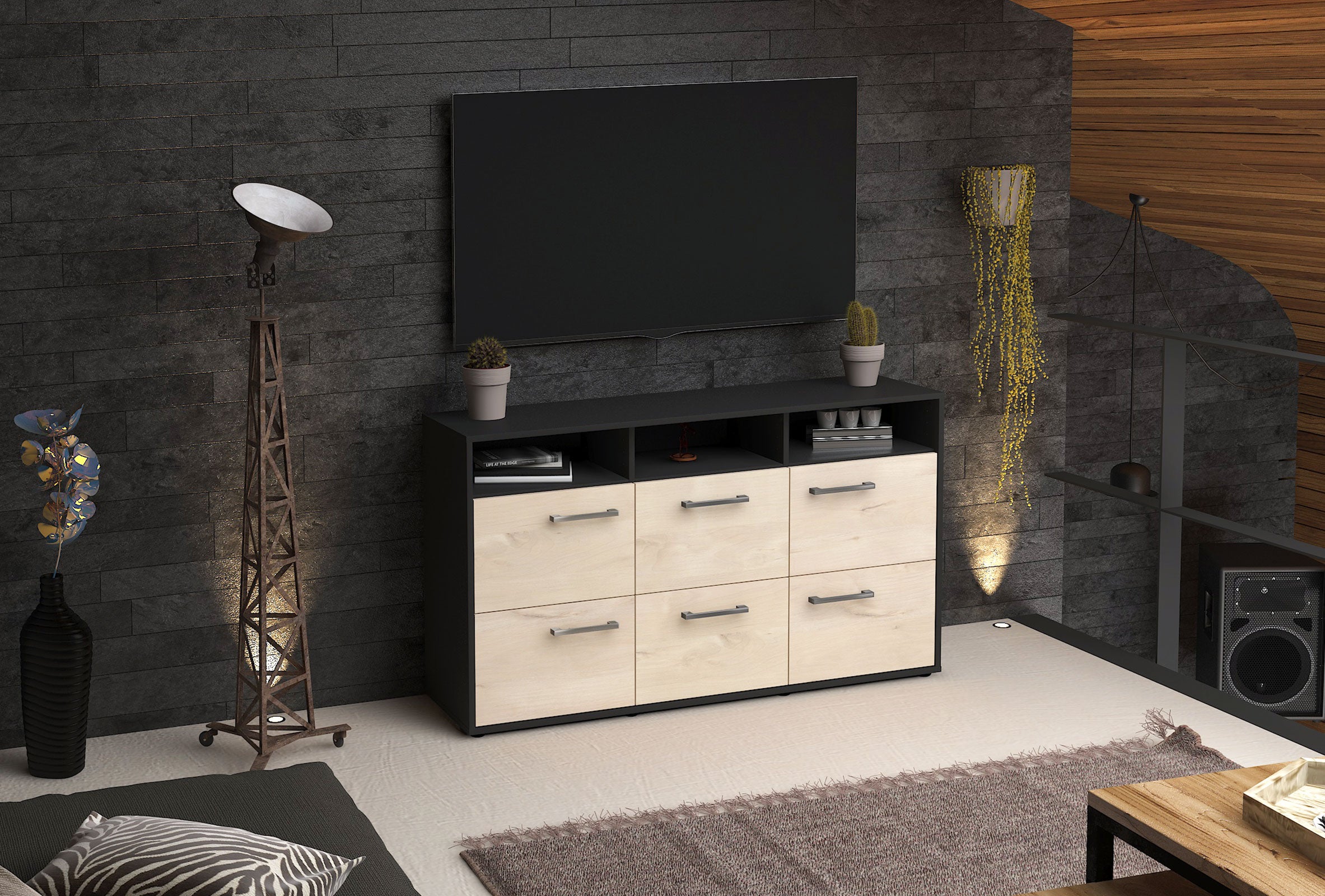 Sideboard - Dilara - Design Holzdekor - Freistehend mit Griffe 136 cm Anthrazit