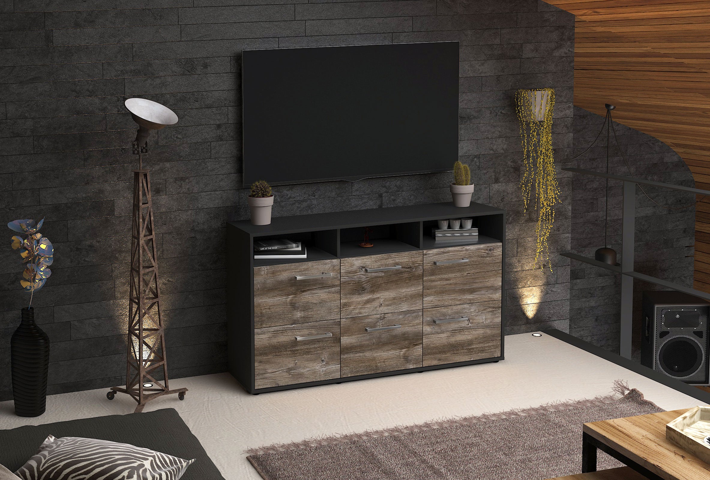Sideboard - Dilara - Design Holzdekor - Freistehend mit Griffe 136 cm Anthrazit