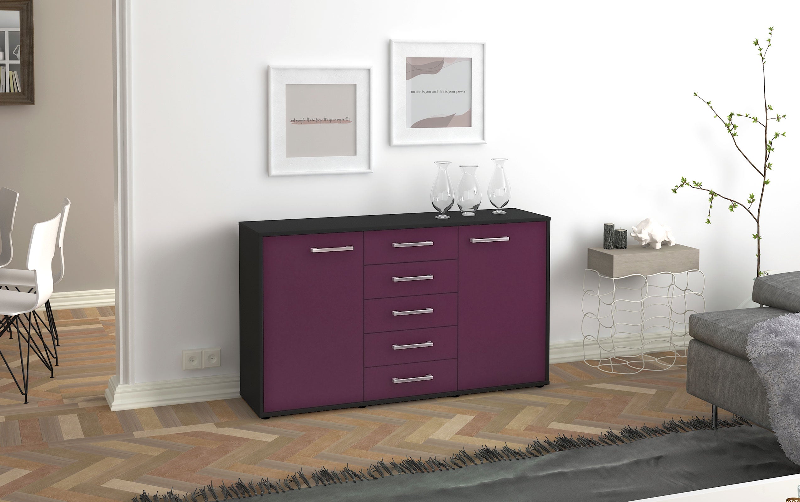 Sideboard - Dorelly - Design Farbakzent - Freistehend mit Griffe 136 cm Anthrazit