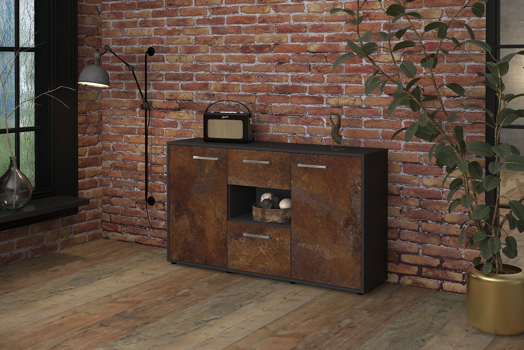 Sideboard - Doriana - Design Industrie Stil - Freistehend mit Griffe 136 cm Anthrazit