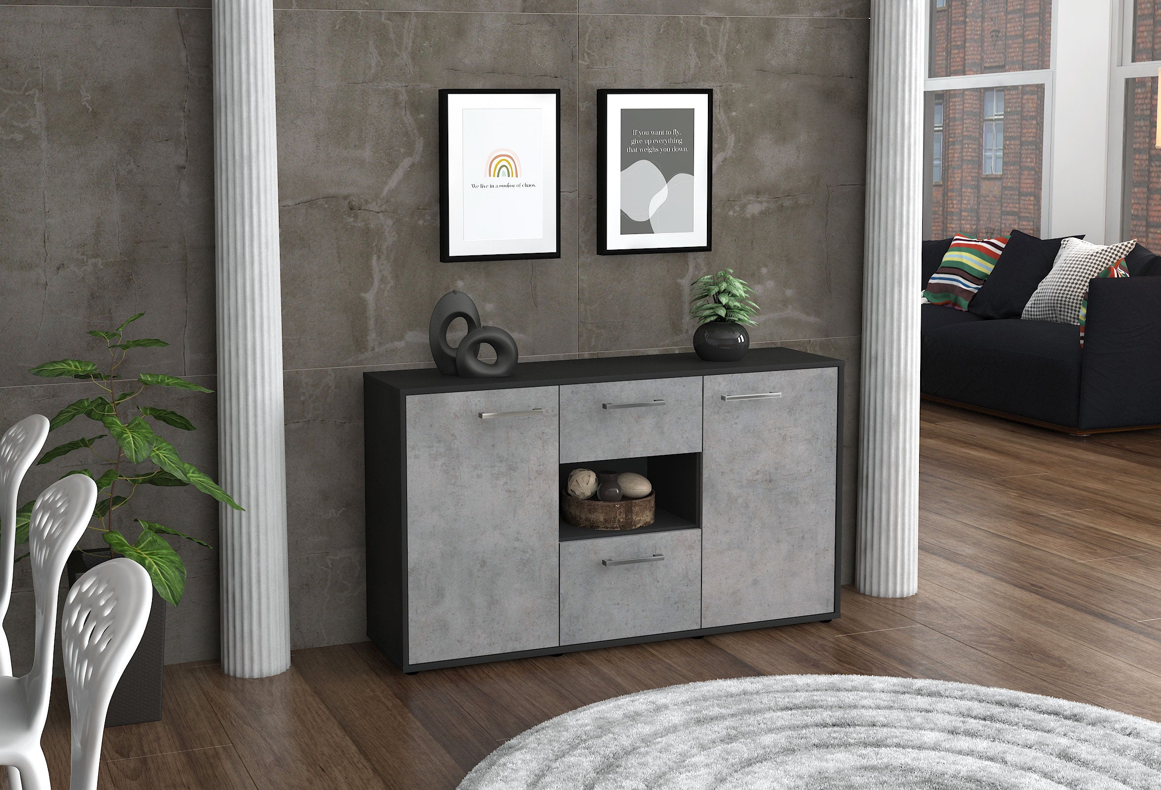 Sideboard - Doriana - Design Industrie Stil - Freistehend mit Griffe 136 cm Anthrazit